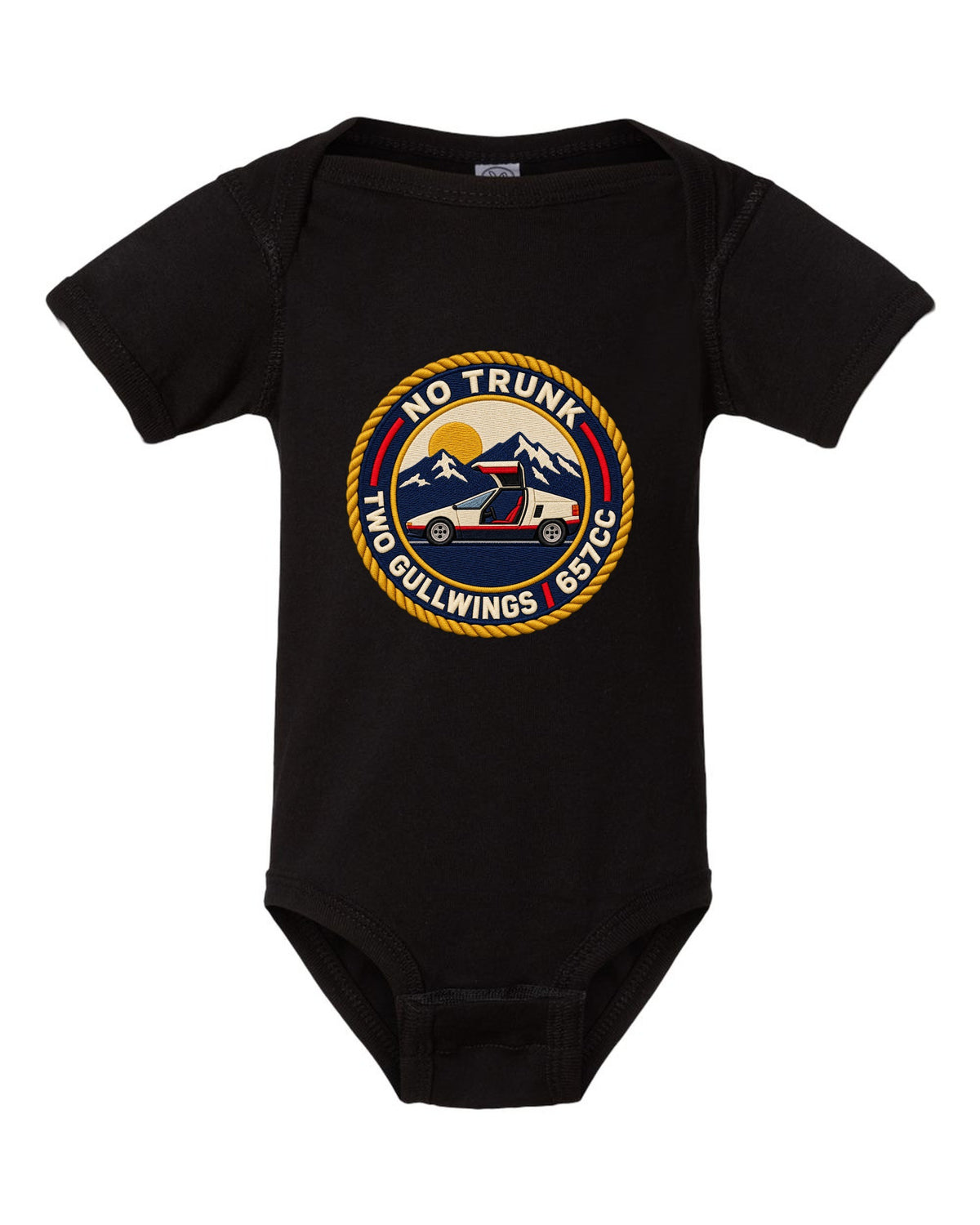 Embroidery-style varsity crest print for the Autozam AZ-1 PG6SA with no trunk two gullwings 657cc lettering black baby onesie front view with the design