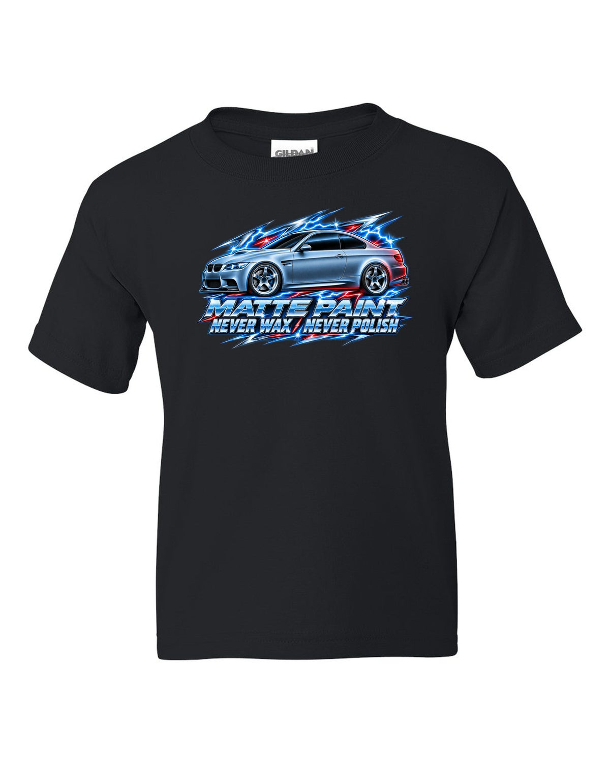 80s chrome airbrush print of a BMW E92 M3 coupe with matte paint never wax never polish text black kids tee front view with the design