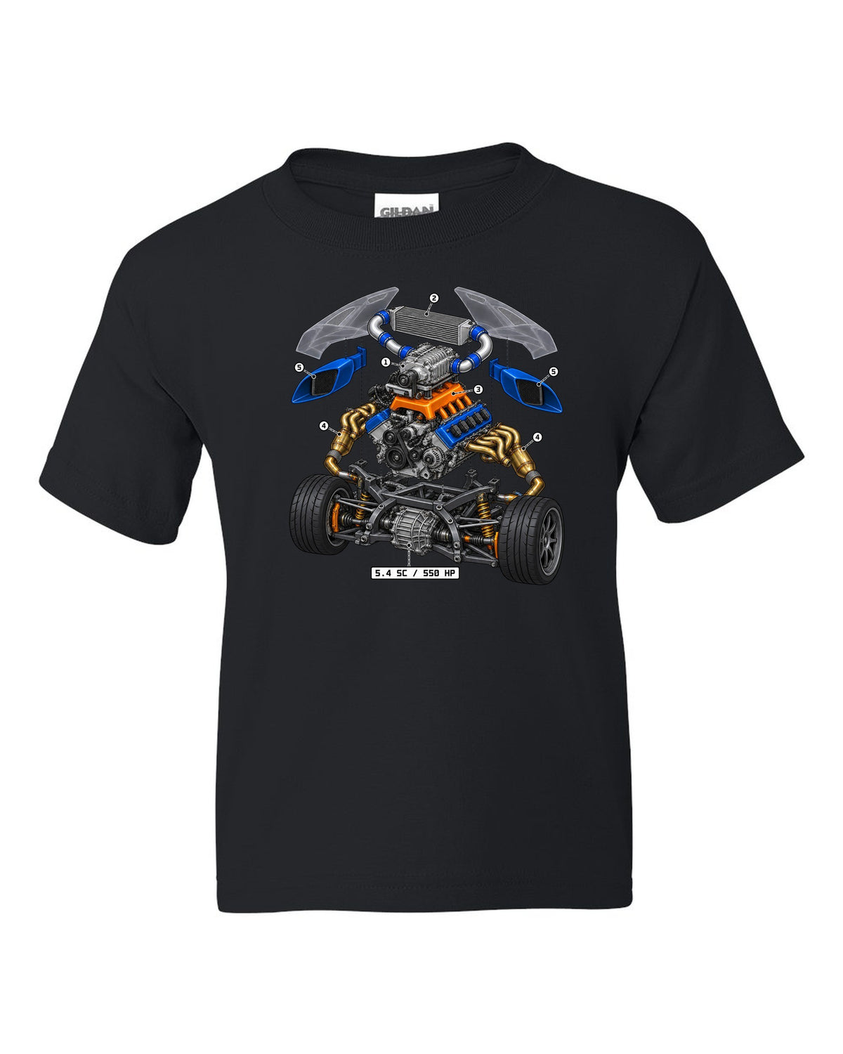 Ford GT 2005-2006 supercharged V8 in an isometric exploded view print black kids tee front view with the design