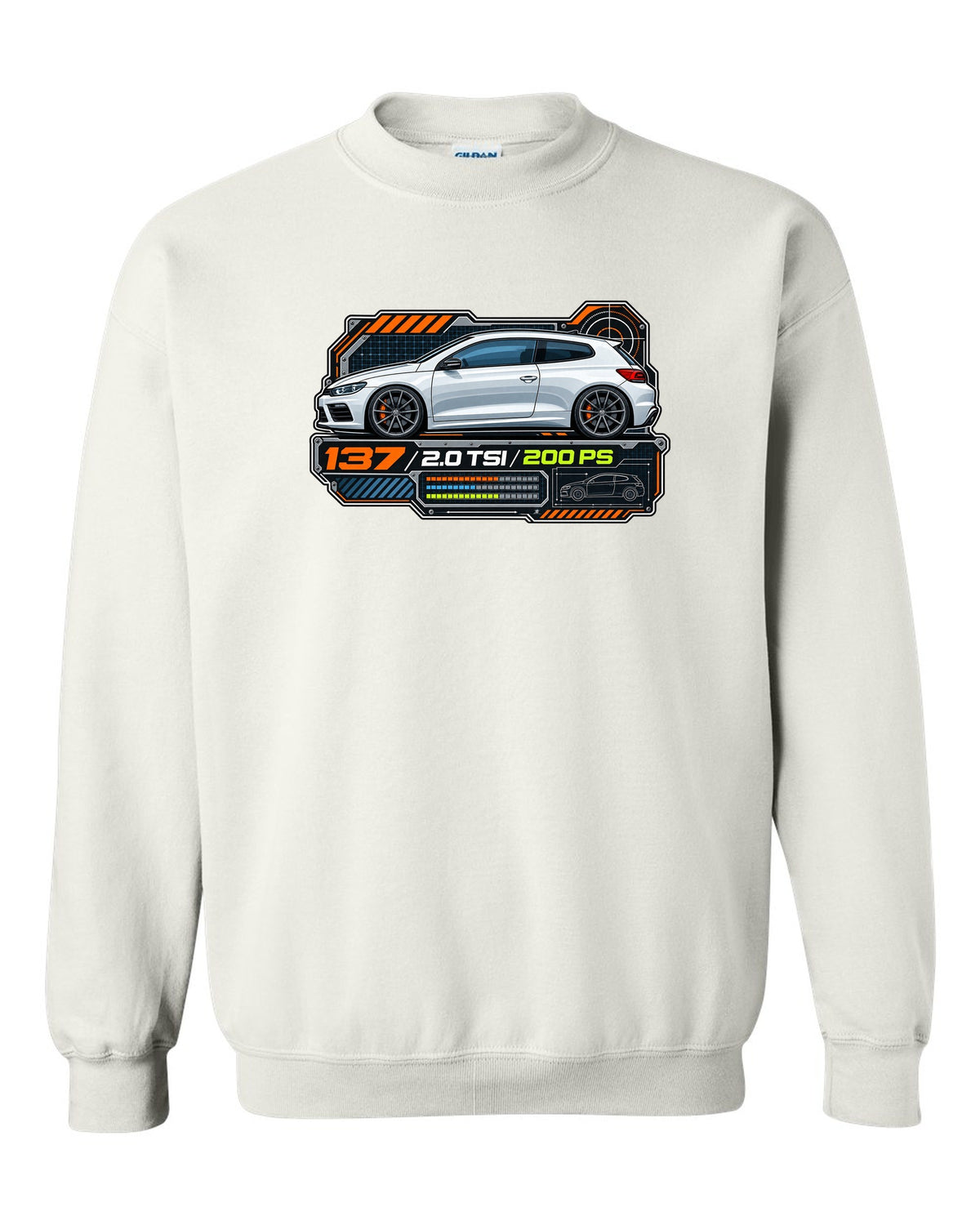 Spec-sheet data plate print of a VW Scirocco Mk3 with 137 2.0 TSI 200 PS text white crewneck front view with the design