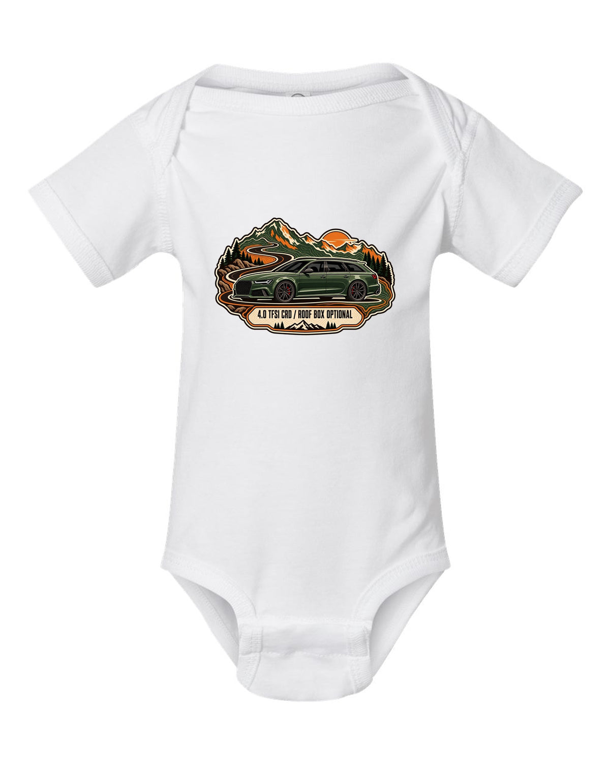 Topographic route map design of the Audi RS6 Avant C7 4G with 4.0 TFSI and roof box optional lettering white baby onesie front view with the design