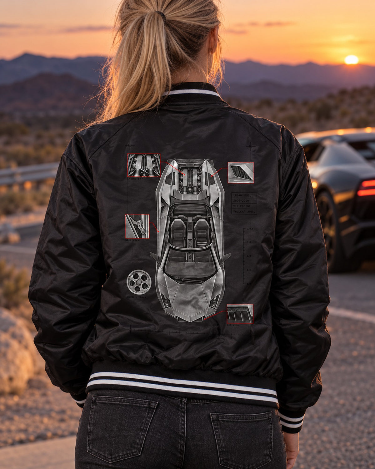 Lamborghini Murcielago LP640 Roadster Spec Plan Shirt, 4,099 Built Bomber Jacket Black worn hero