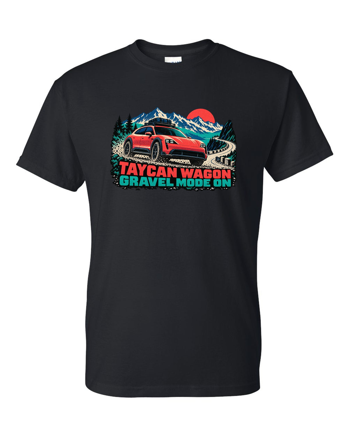 Porsche Taycan Cross Turismo Y1B risograph print with the text Taycan wagon gravel mode on black t-shirt front view with the design