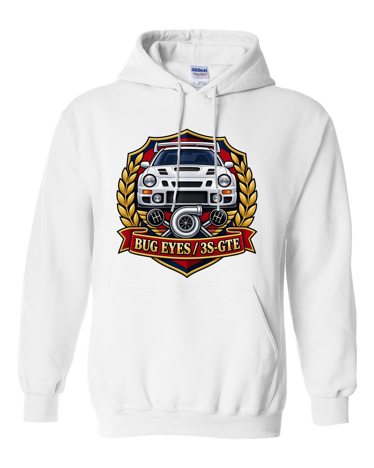 Rally crest of a Toyota Celica GT-Four ST205 with Bug Eyes and 3S-GTE lettering white pull over hoodie front view with the design