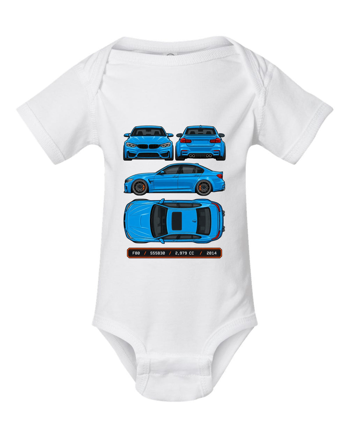 Spec plate style print of a BMW F80 M3 sedan with F80 S55B30 2,979 cc 2014 text white baby onesie front view with the design