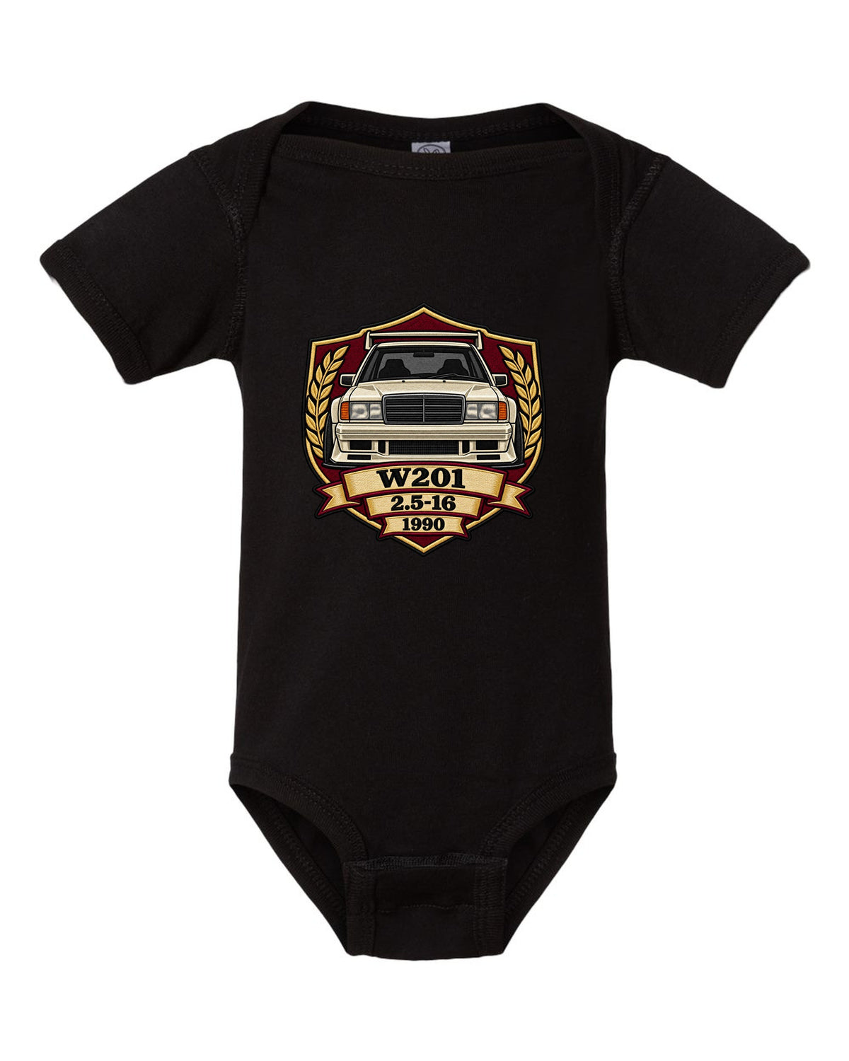 Embroidery-style shield crest print of a Mercedes-Benz 190E Evo II W201, 2.5-16, 1990 black baby onesie front view with the design