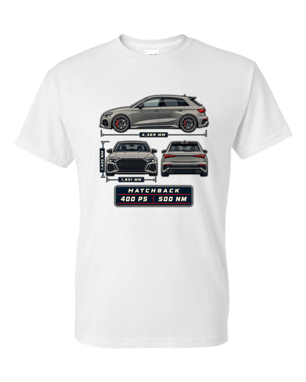 Three-view drawing and spec table of the Audi RS3 8Y Sportback white t-shirt front view with the design