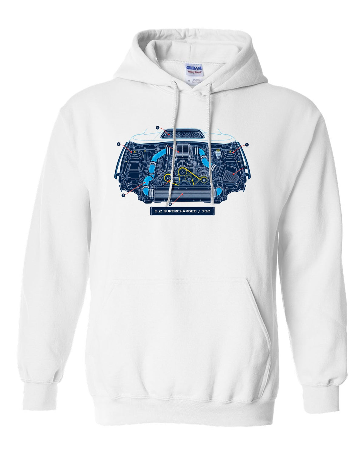 Blueprint-style print of the Ram 1500 TRX engine bay with 6.2 supercharged and 702 callouts white pull over hoodie front view with the design