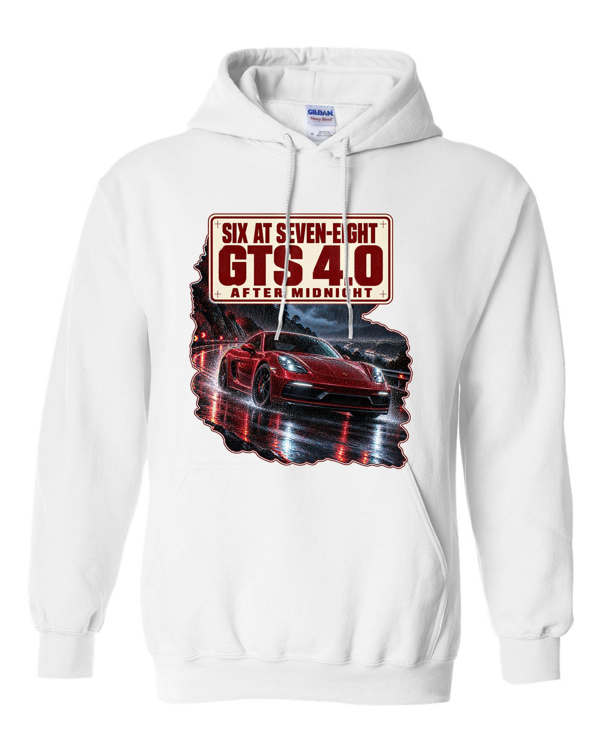 Night street print of a Porsche 718 Cayman GTS 4.0 982 with six at seven-eight text white pull over hoodie front view with the design