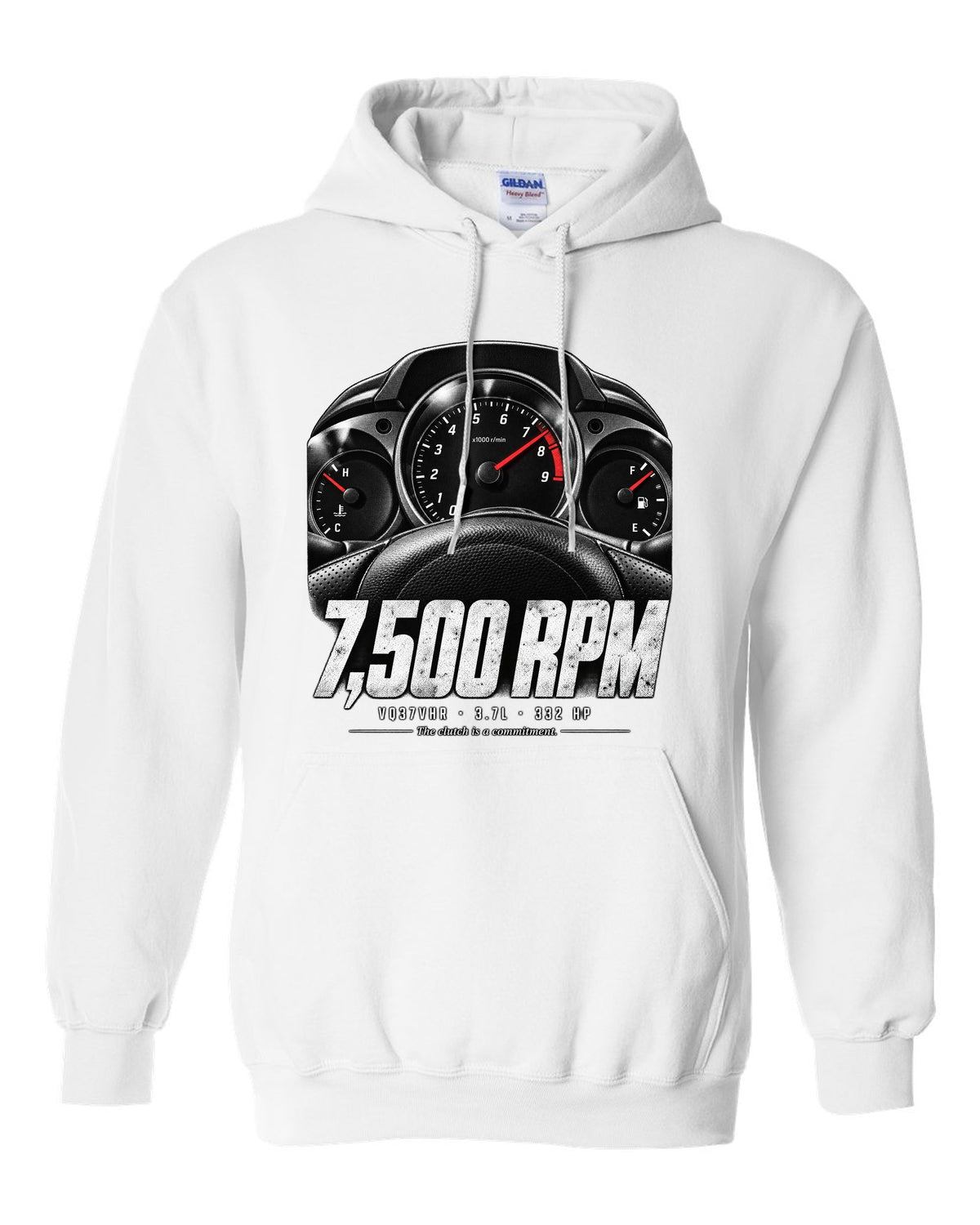 print of a Nissan 370Z Z34 gauge cluster at 7,500 RPM with VQ37VHR text white pull over hoodie front view with the design