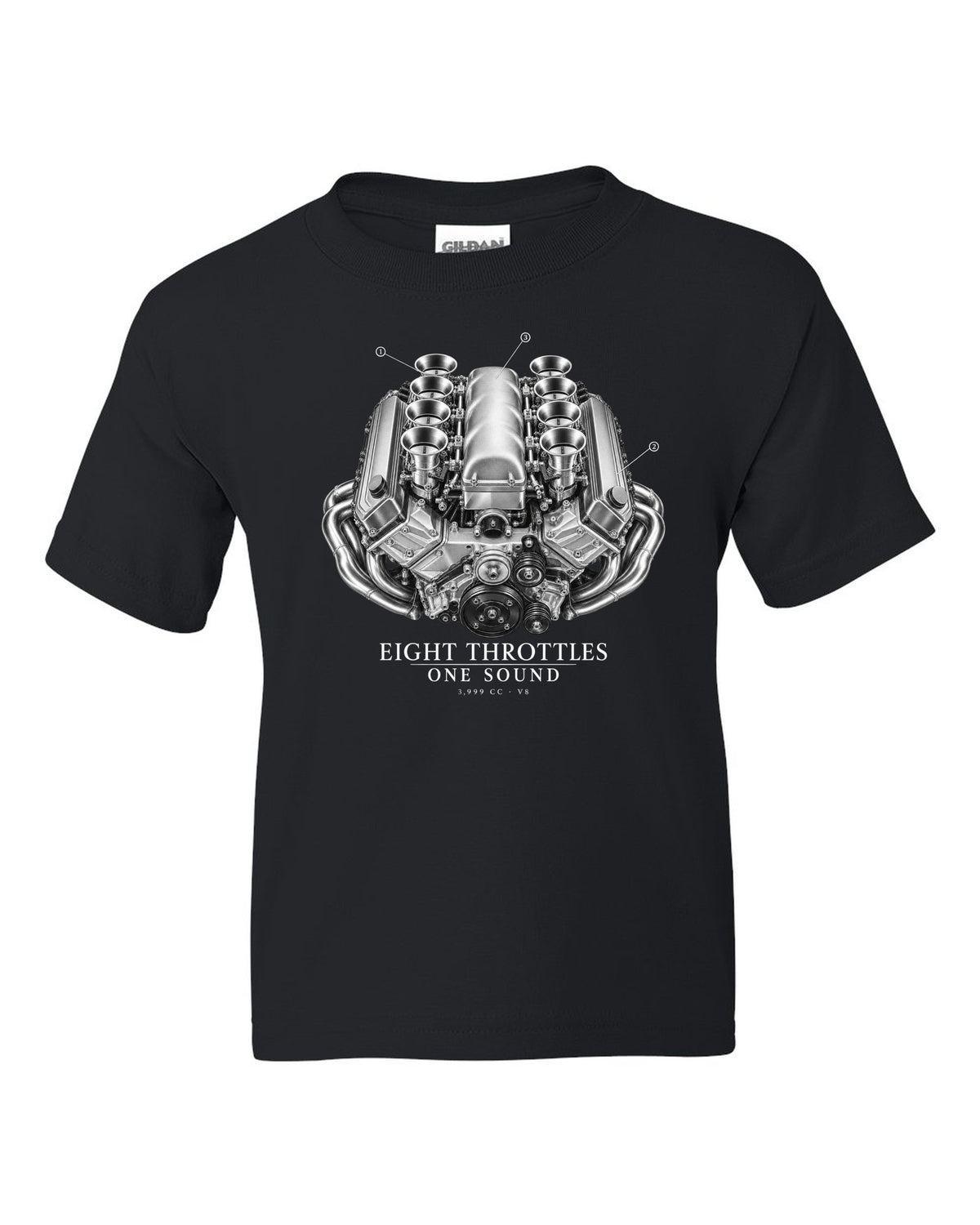 BMW E92 M3 S65 V8 engine illustration print with eight throttles lettering black kids tee front view with the design