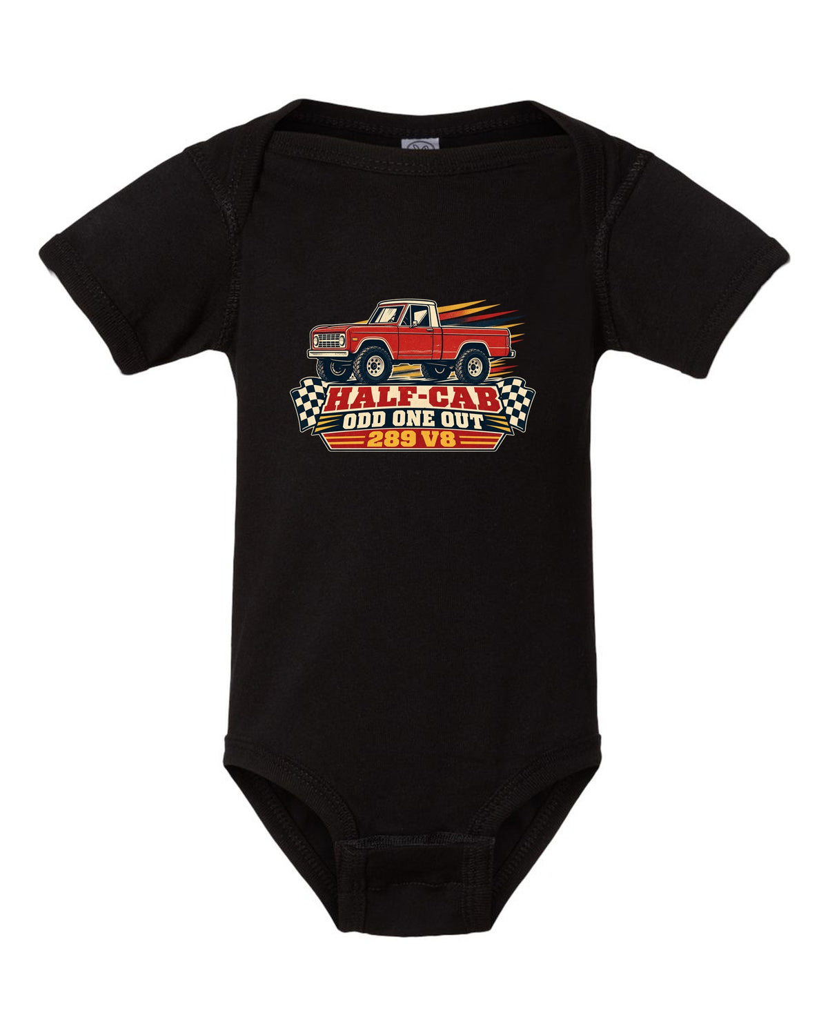 Vintage race poster art of a 1966-72 Ford Bronco U14 half-cab with HALF-CAB ODD ONE OUT lettering black baby onesie front view with the design