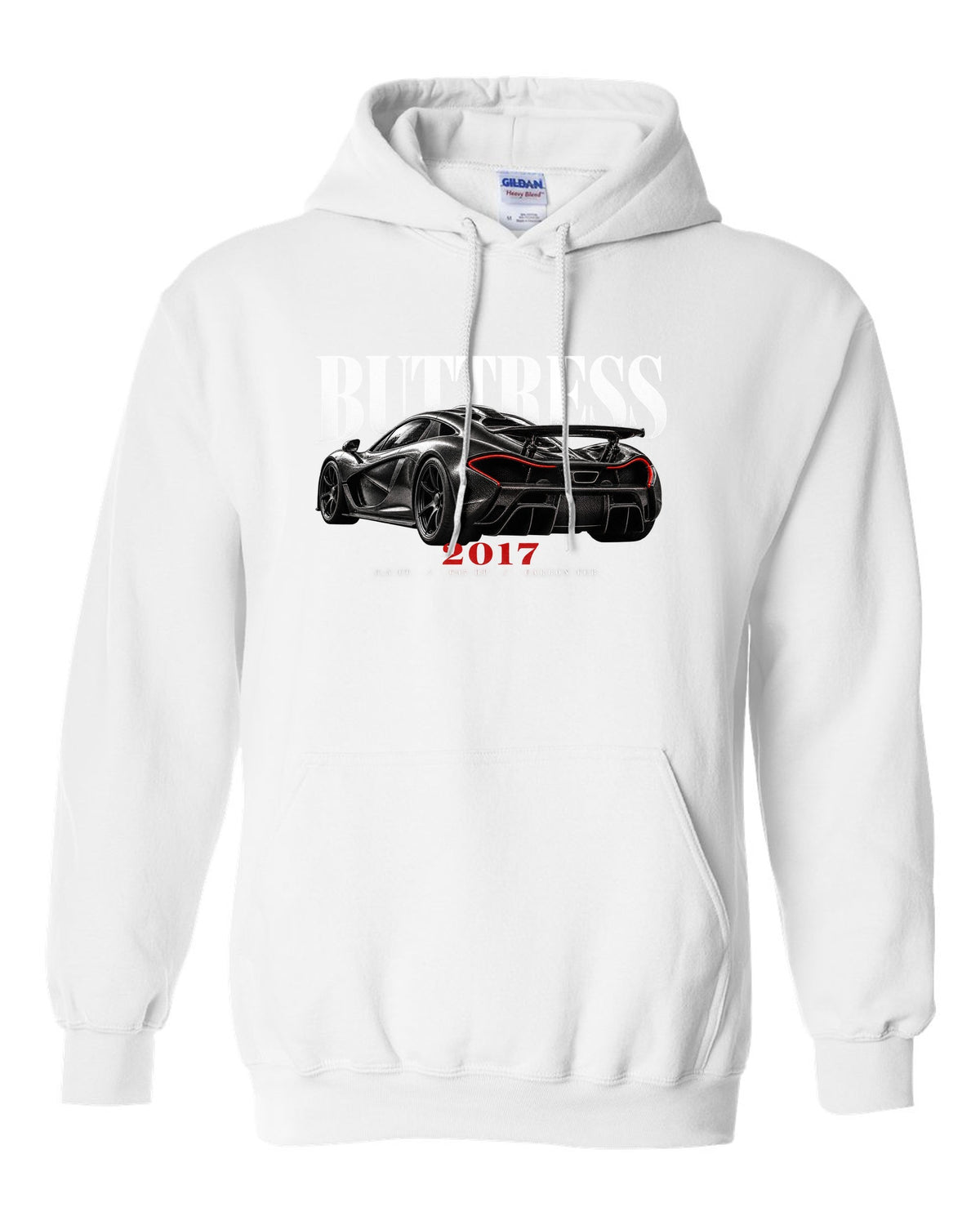 Ford GT 2017-22 buttress editorial print with 3.5 TT, 647 HP and carbon tub text white pull over hoodie front view with the design
