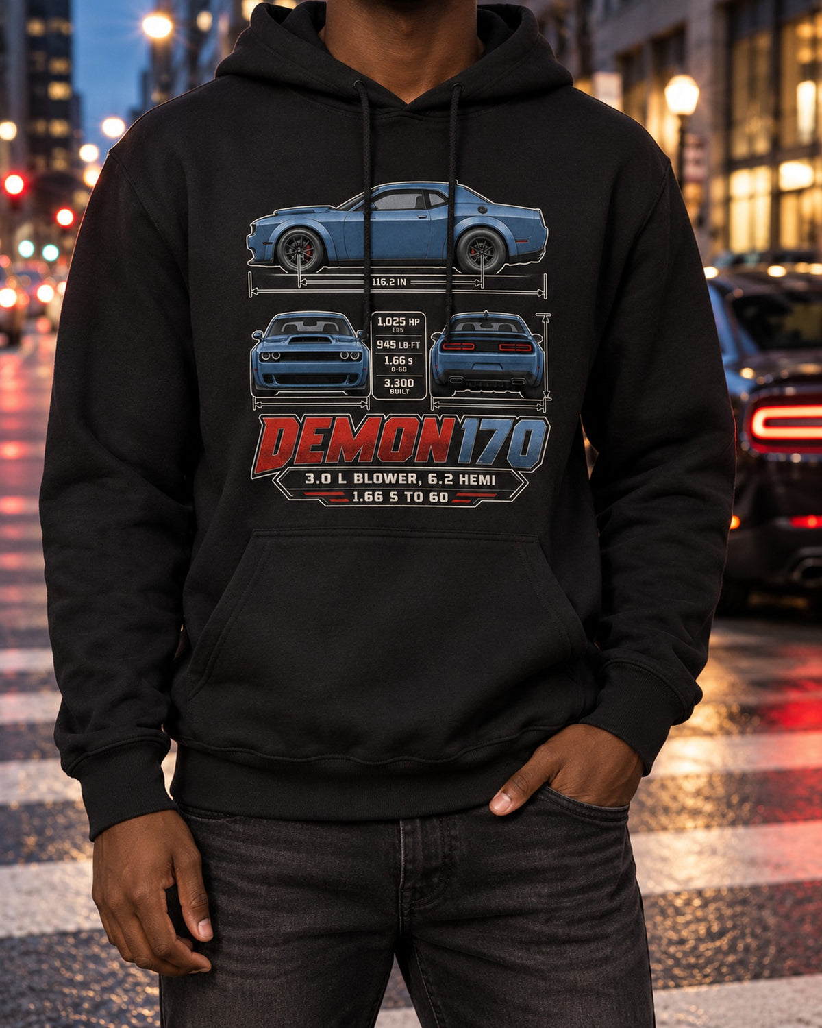 Dodge Challenger SRT Demon 170 Dimension Blueprint Shirt Pull Over Hoodie Black worn hero