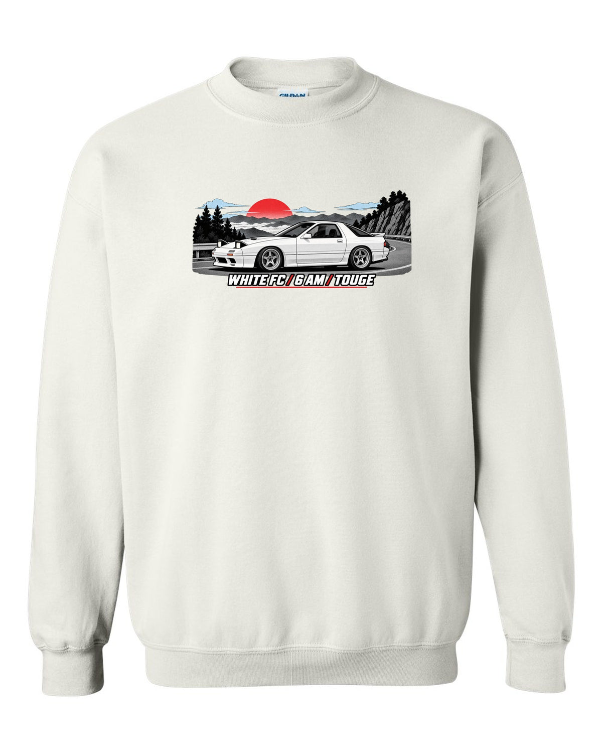 Pixel art print of a Mazda RX-7 SA22C with the text Compression, W's T white crewneck front view with the design