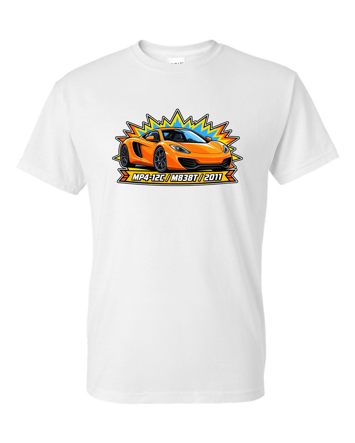 Toy blister card print of a McLaren 12C with MP4-12C, M838T and 2011 lettering white t-shirt front view with the design