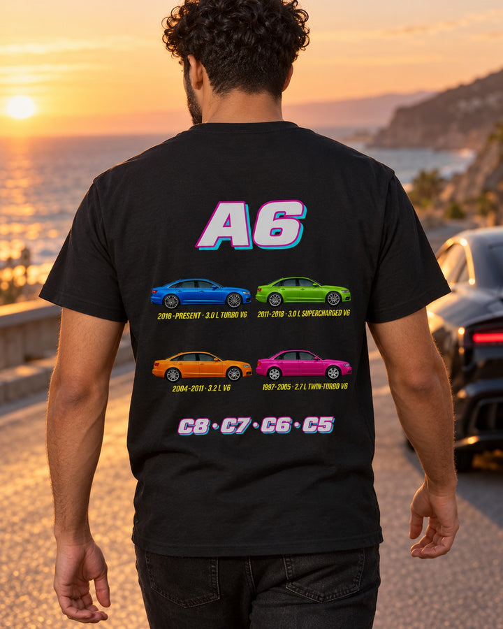 Audi A6 Evolution Poster Full-Back Graphic Tee T-Shirt Black worn hero