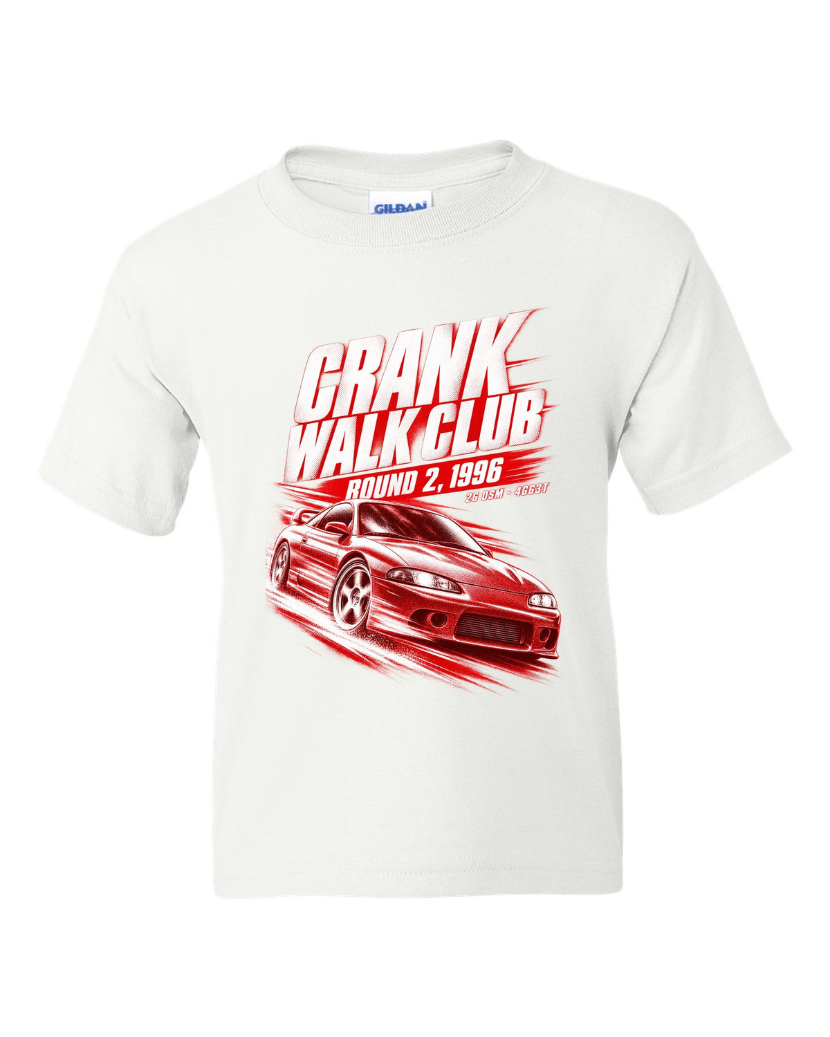 Mitsubishi Eclipse GSX 2G DSM race poster print with 4G63T and Crank Walk Club text white kids tee front view with the design