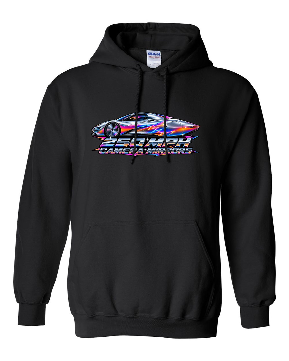 McLaren Speedtail in 80s airbrush chrome style with 250 MPH and camera mirrors lettering black pull over hoodie front view with the design