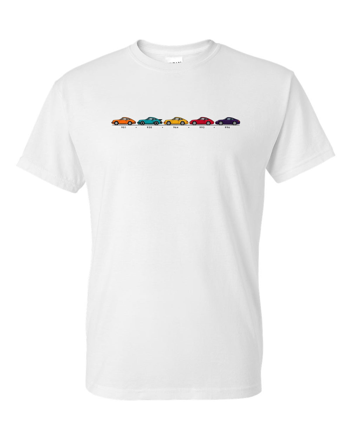 Retro Japanese showa advert style illustration of a 1955 Porsche 356 A Speedster white t-shirt front view with the design