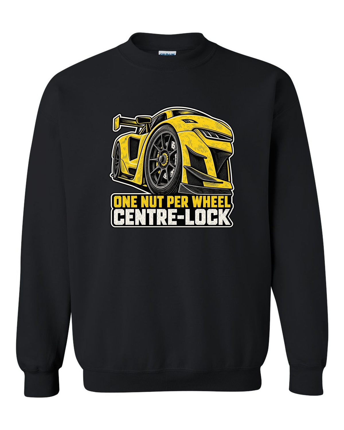 Risograph duotone design of a Corvette C8.R race car with large rear wing black crewneck front view with the design
