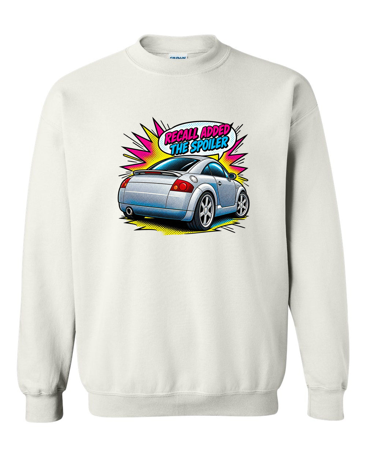 Comic halftone pop art print of an Audi TT Coupe 8N with spoiler recall caption white crewneck front view with the design