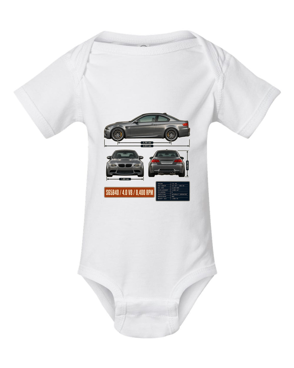 BMW M3 E92 coupe three-view drawing with S65 V8 spec table white baby onesie front view with the design