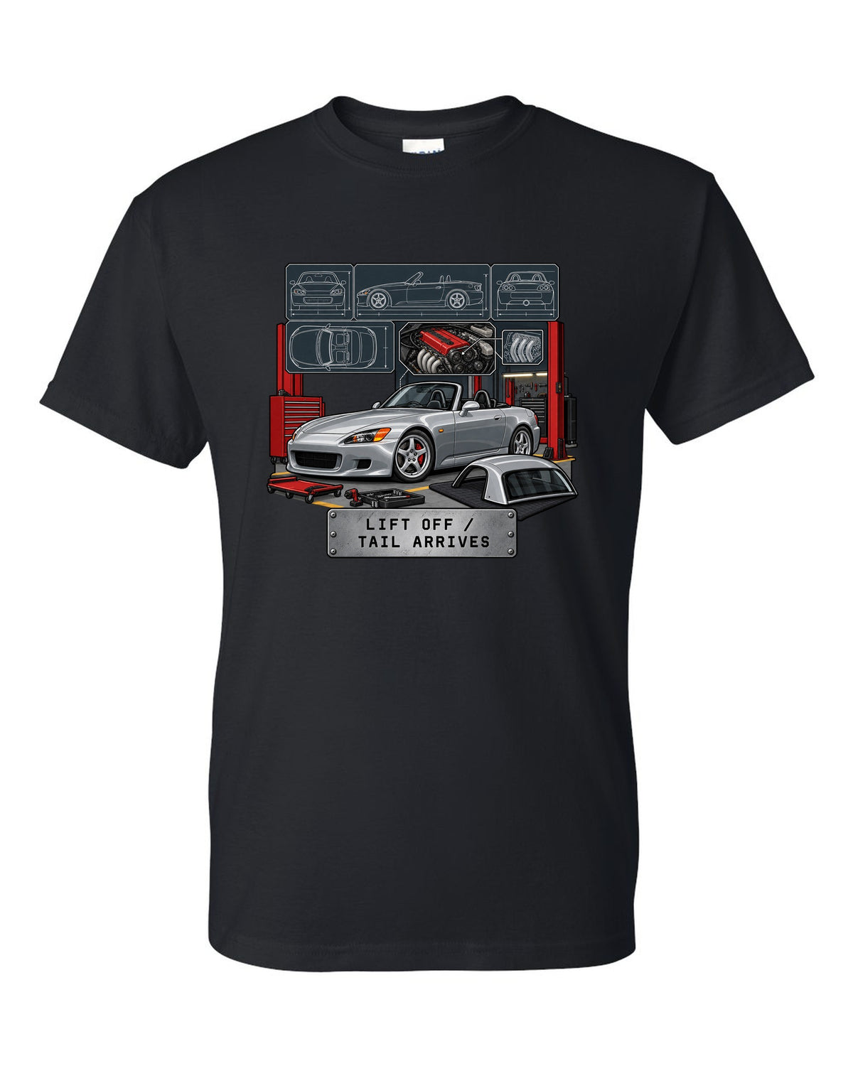 Spec sheet data plate print of a 1999 Honda S2000 AP1 roadster with lift off tail arrives text black t-shirt front view with the design