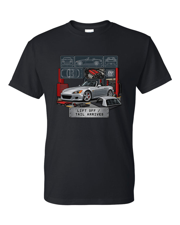 Spec sheet data plate print of a 1999 Honda S2000 AP1 roadster with lift off tail arrives text black t-shirt front view with the design