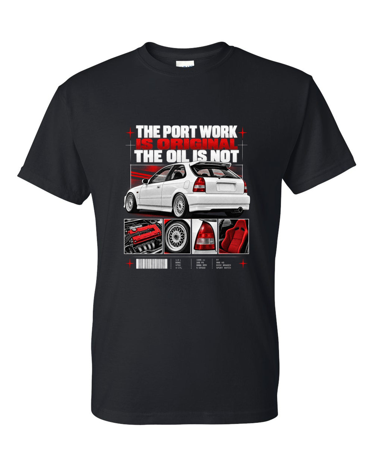 Dossier panel print of a 1998 Honda Civic EK9 chback with port work text black t-shirt front view with the design