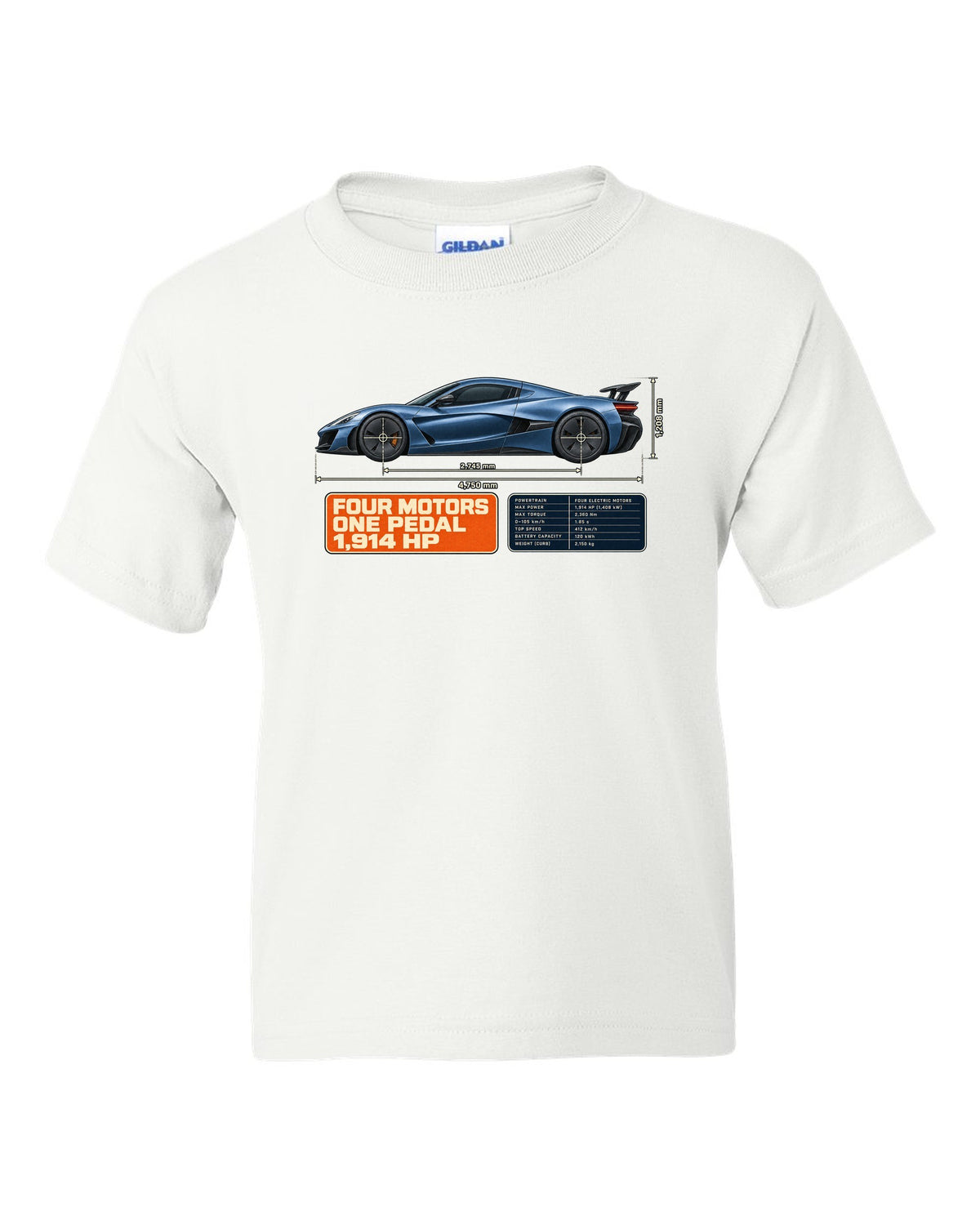 Rimac Nevera 2021 dimension blueprint print with four motors one pedal 1,914 hp text white kids tee front view with the design