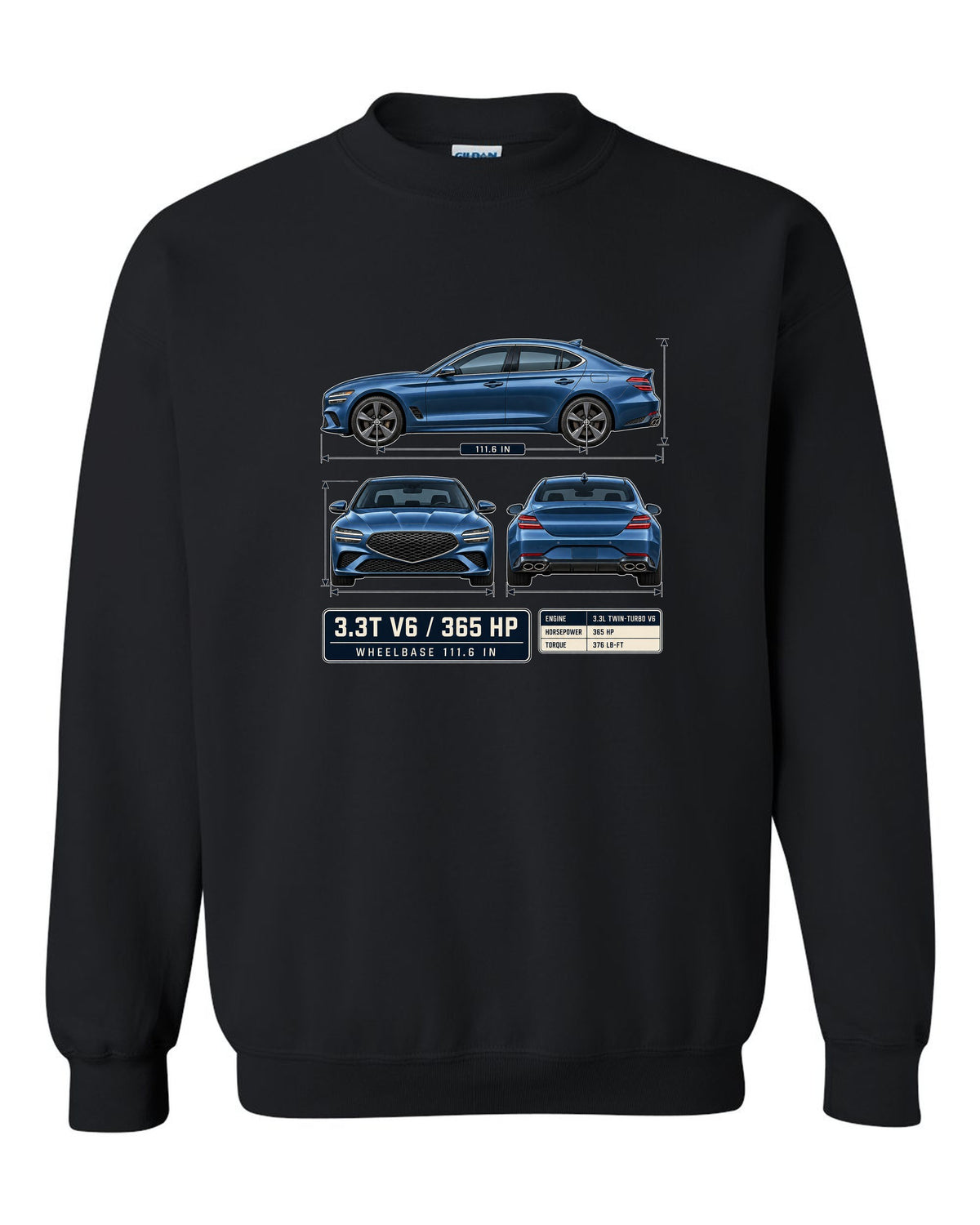 Dimension blueprint print of the Genesis G70 3.3T with V6 and 365 HP callouts black crewneck front view with the design