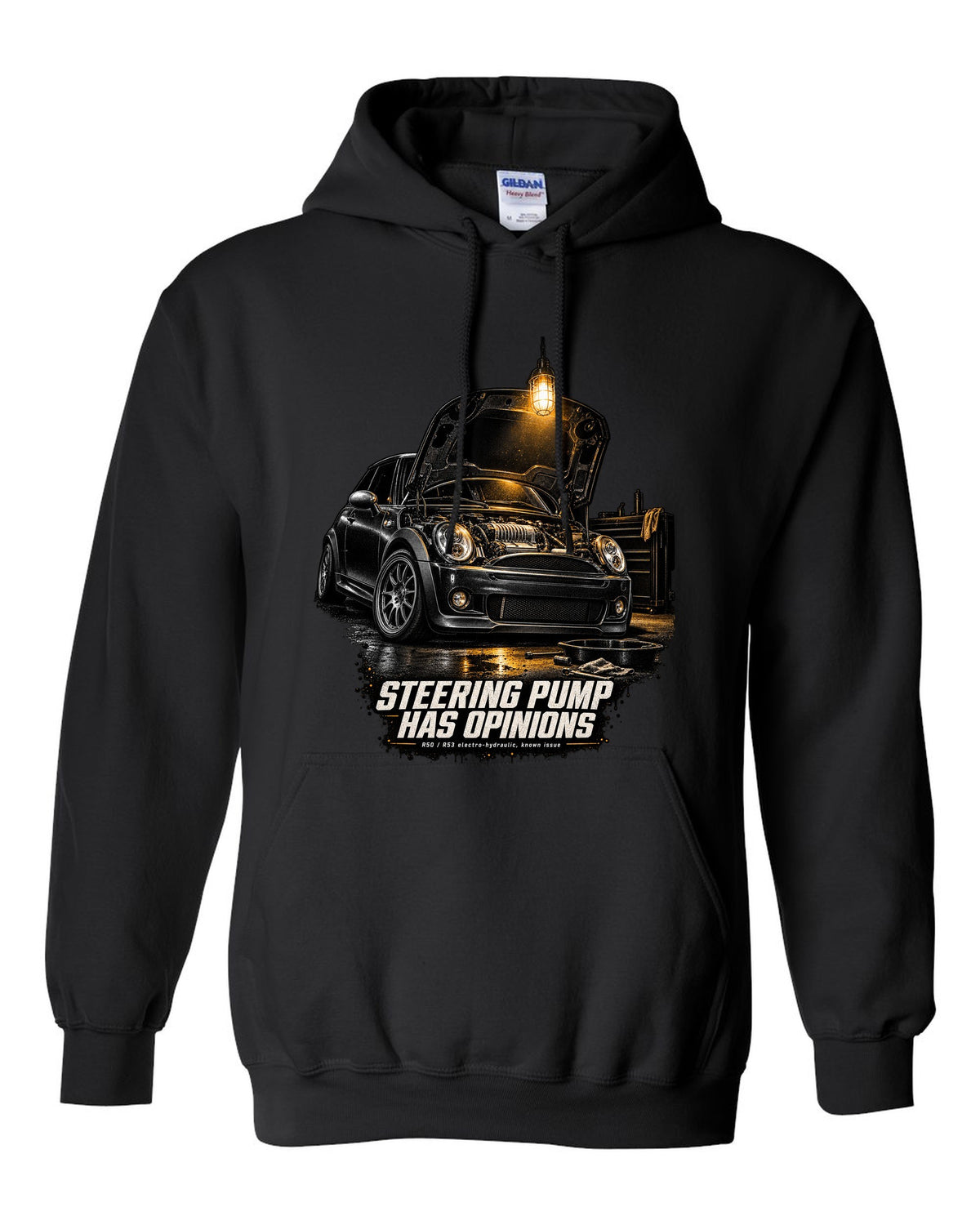 Mini Cooper S R53 garage night print with bonnet open and steering pump text black pull over hoodie front view with the design