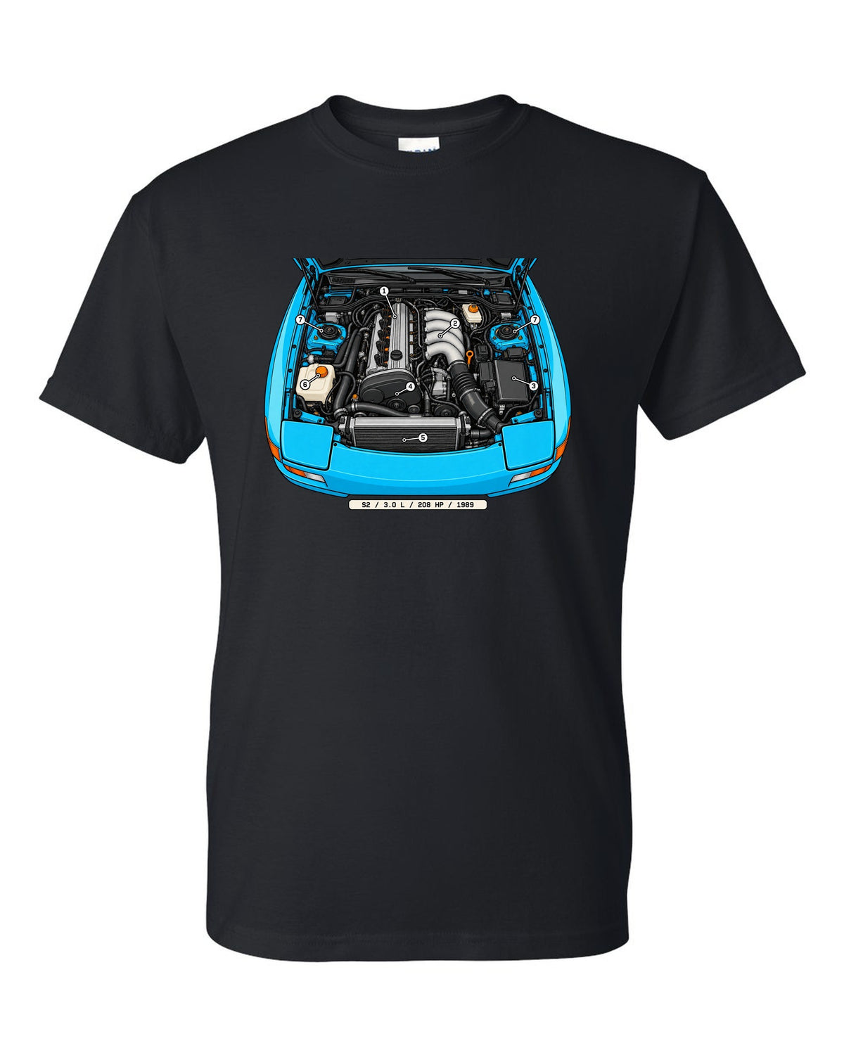 Technical callout diagram of the Porsche 944 S2 engine bay black t-shirt front view with the design