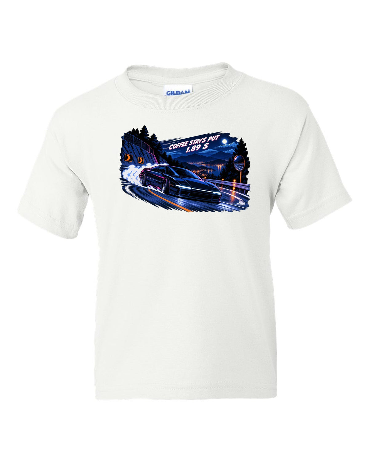Lucid Air Sapphire cel-shaded 90s anime night touge print with the text coffee stays put 1.89 s white kids tee front view with the design