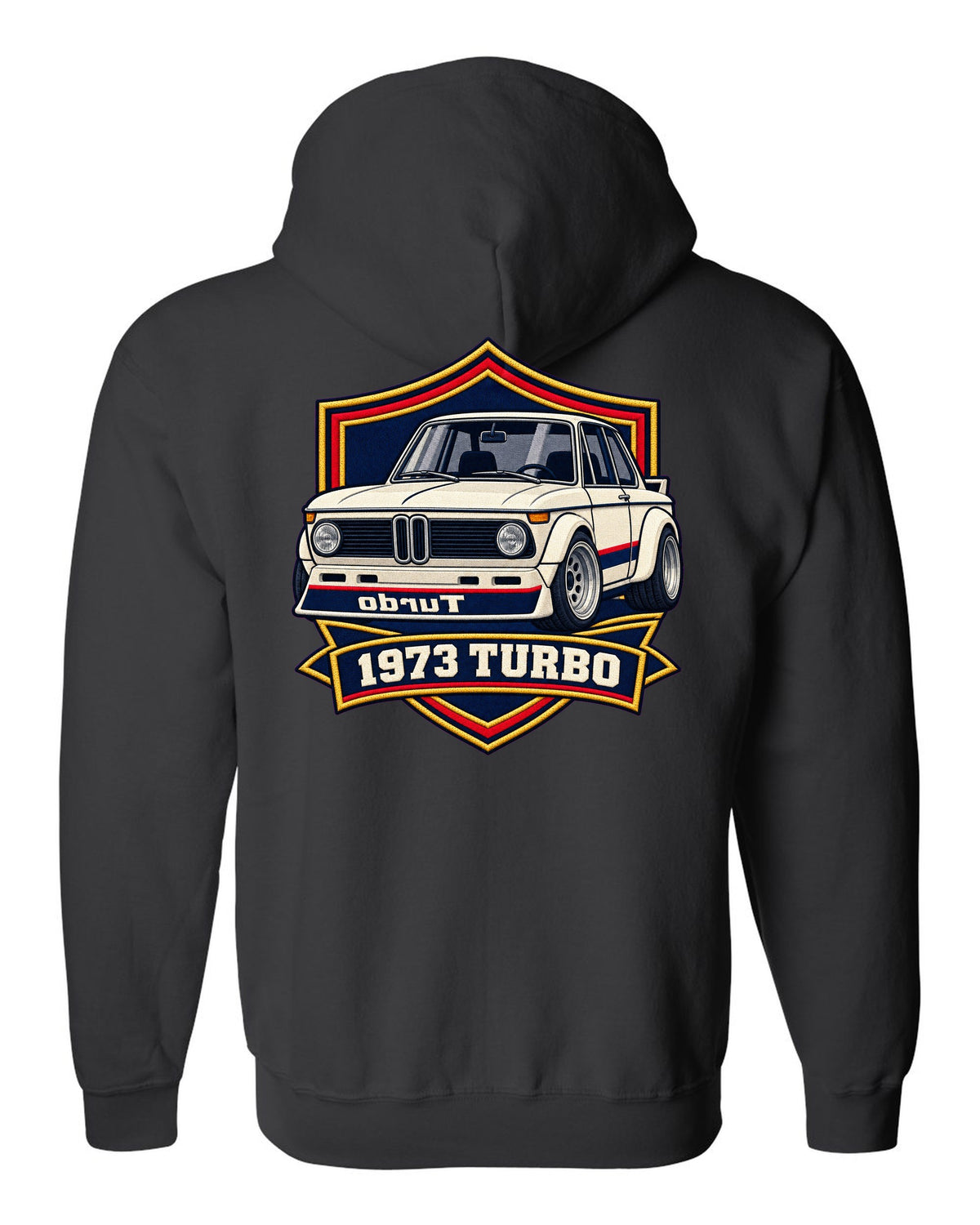 BMW 2002 turbo varsity crest print with mirrored turbo lettering and 1973 black zip hoodie back view with the design