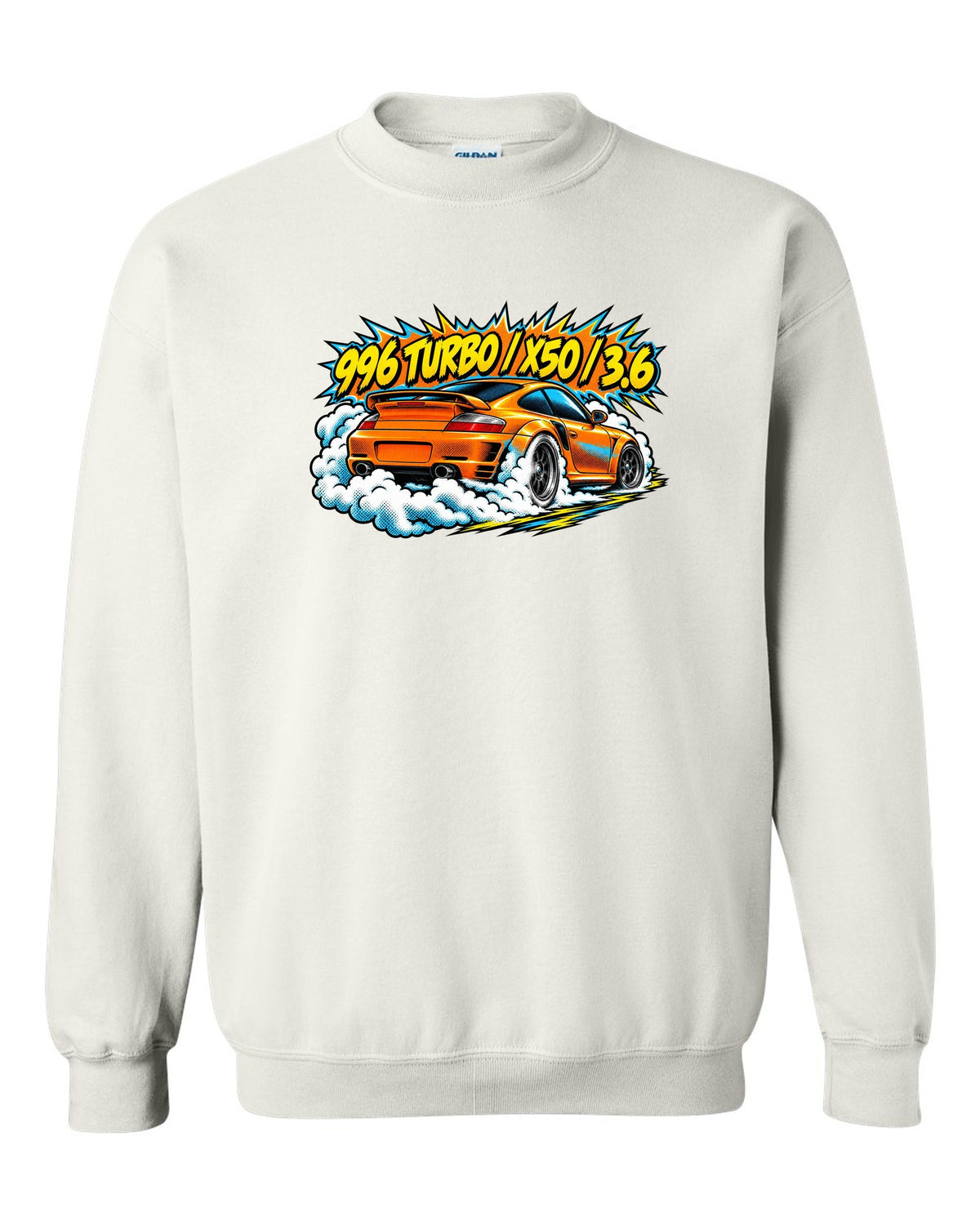 Porsche 996 Turbo comic halftone burnout burst design with X50 lettering white crewneck front view with the design