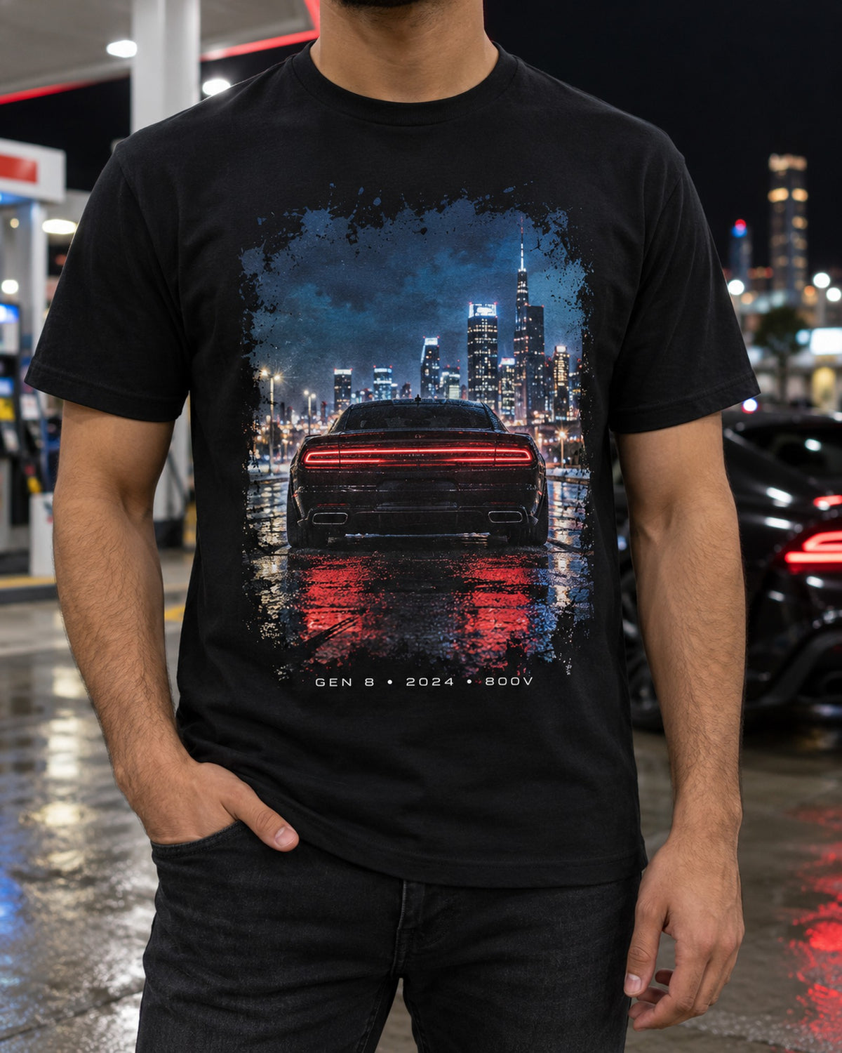 2024 Charger Daytona EV Wet Road Watercolour Shirt, Gen 8 T-Shirt Black worn hero