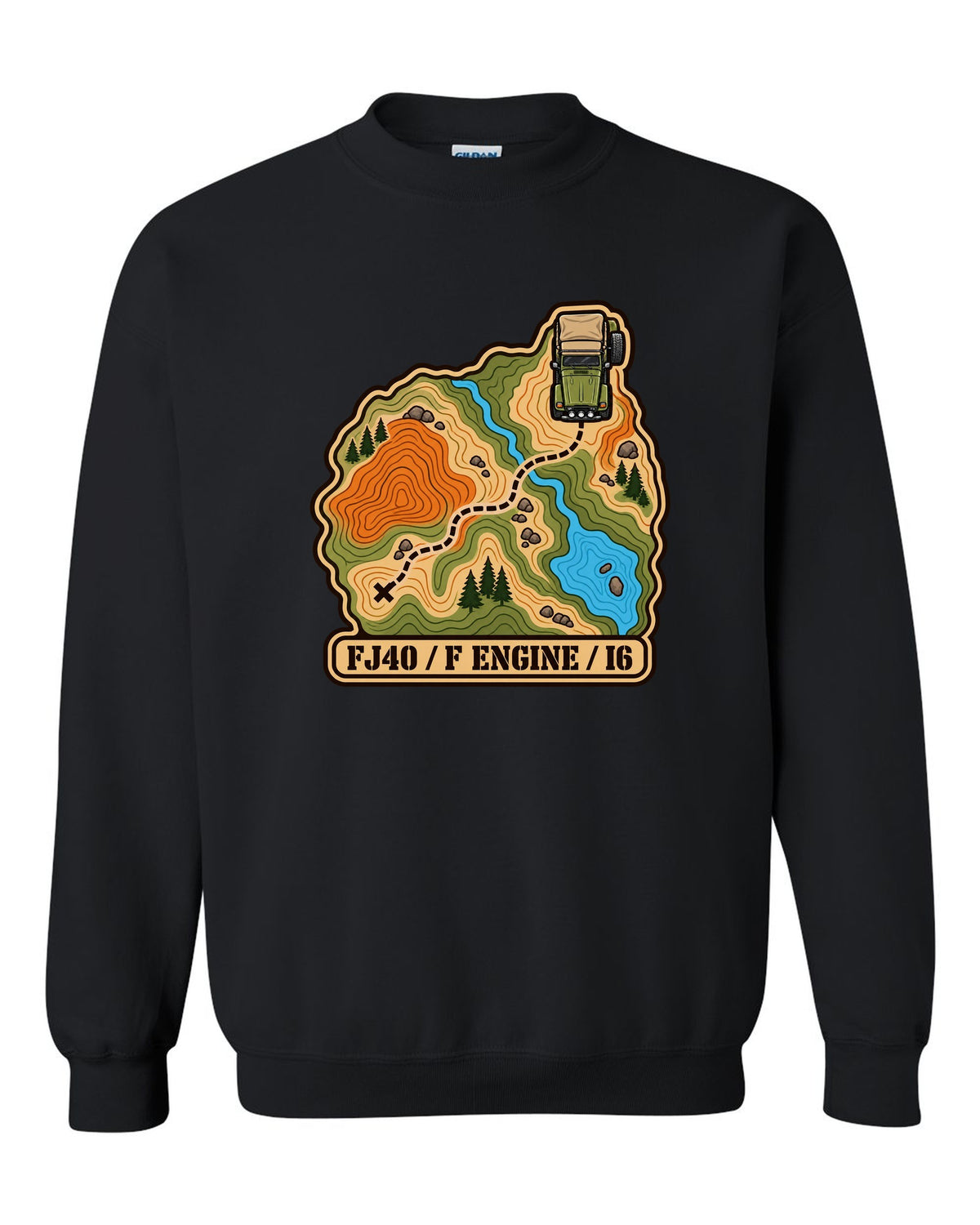Topographic route map illustration of a Toyota Land Cruiser FJ40 with F engine I6 lettering black crewneck front view with the design