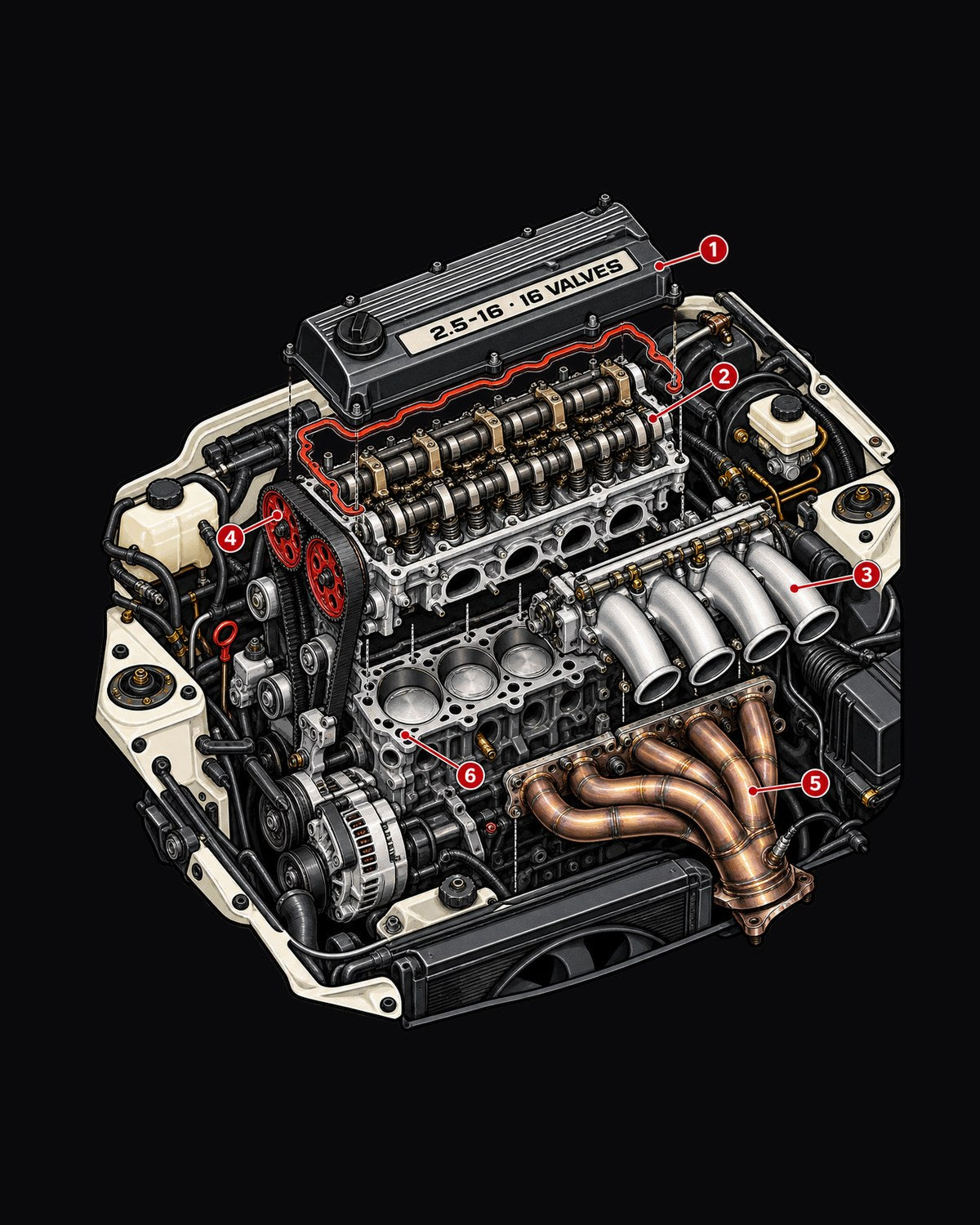 Mercedes 190E 2.5-16 Evo II Exploded Engine Diagram Shirt design only