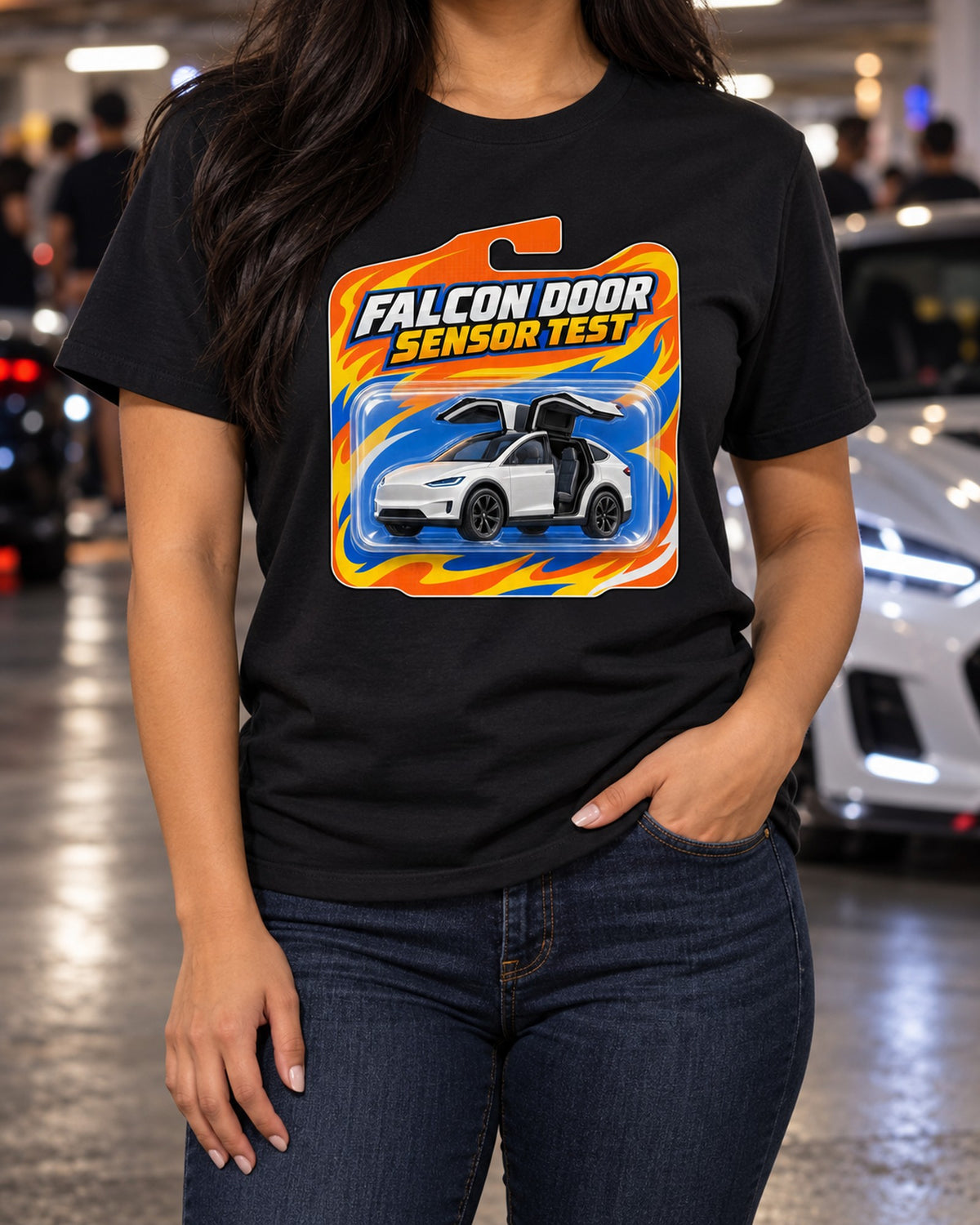 Falcon Toy Card Tesla Model X Shirt, Sensor Test print T-Shirt Black worn hero