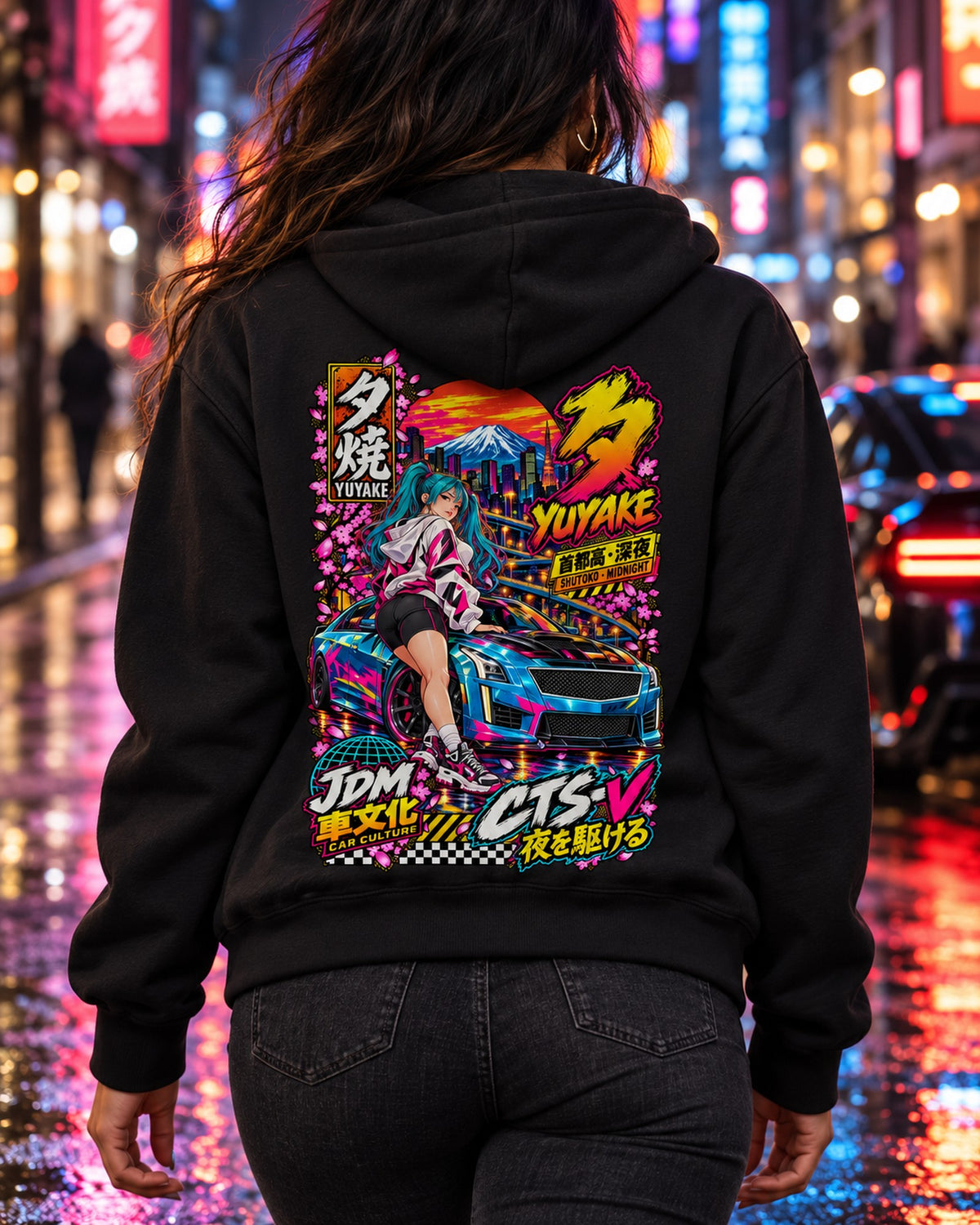 YUYAKE CTS-V Anime Girl Full-Back Graphic Tee Zip Hoodie Black worn hero