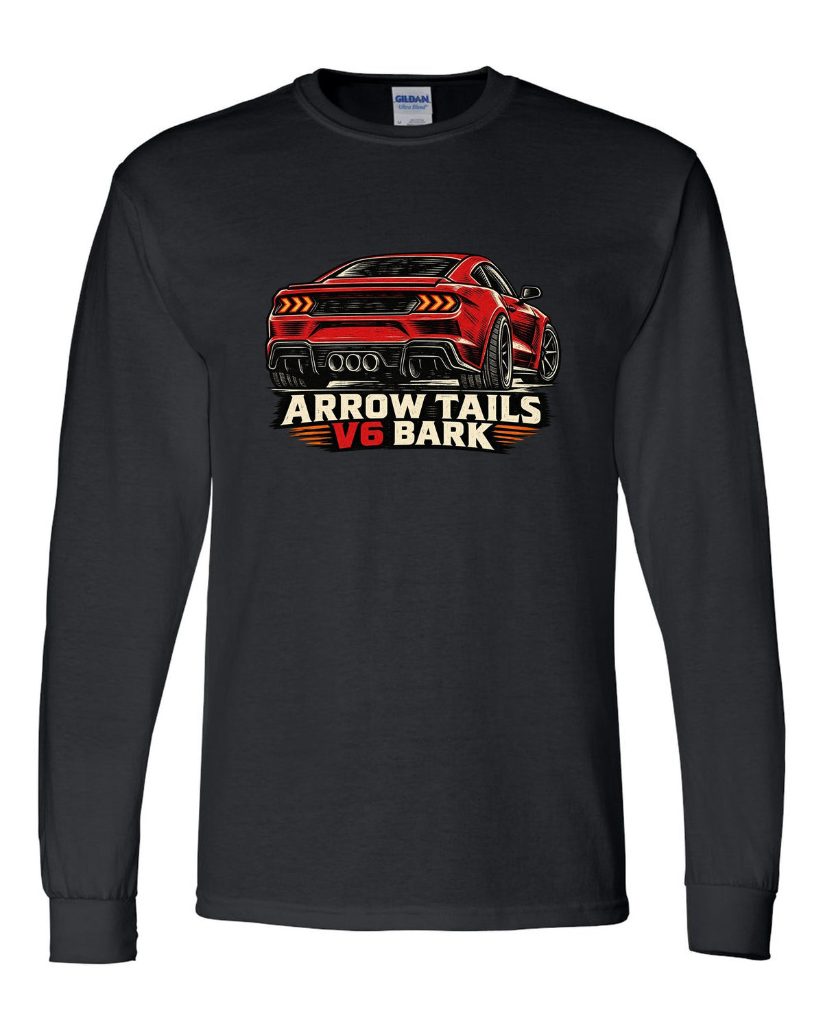 Linocut woodcut print of a Hyundai Genesis Coupe BK2 rear with arrow tails V6 bark text black long sleeve front view with the design