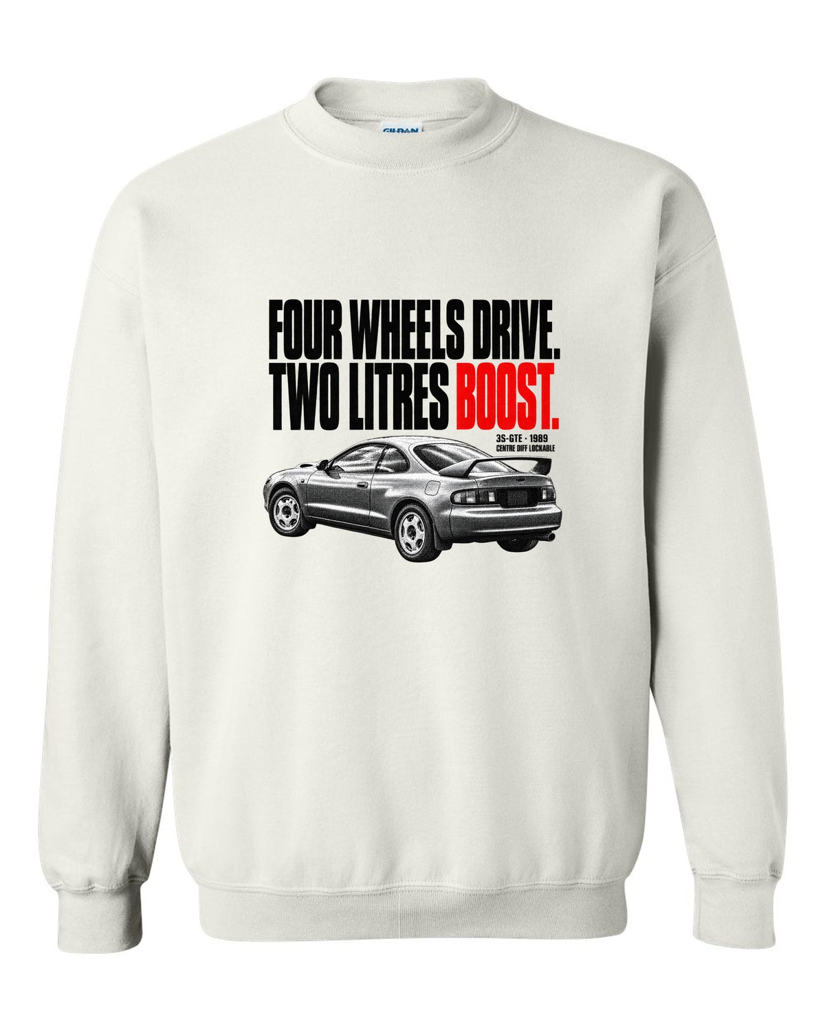 Halftone print of a Toyota Celica GT-Four ST185 with 3S-GTE and centre diff text white crewneck front view with the design