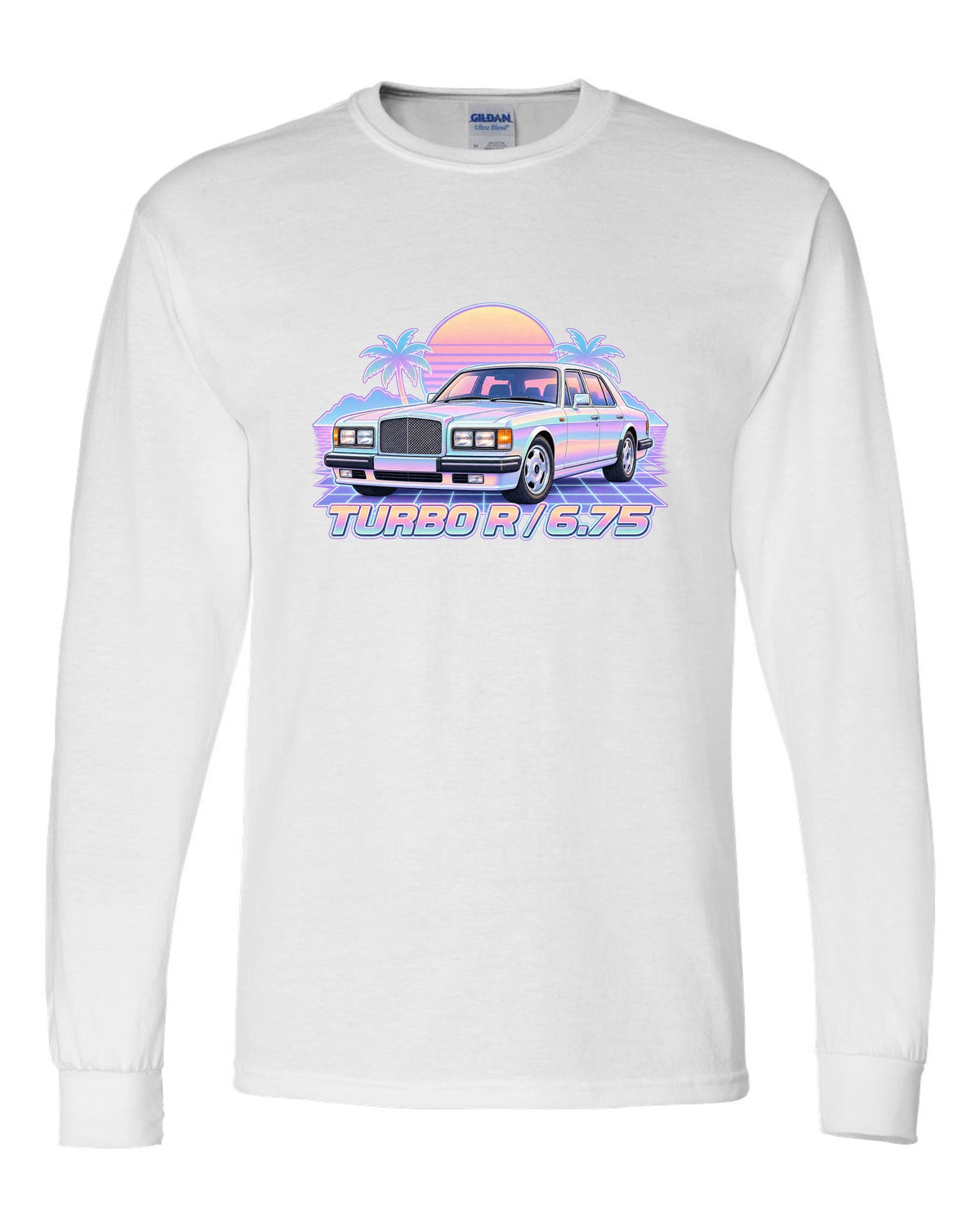 Pastel vaporwave illustration of a Bentley Turbo R front grille with TURBO R 6.75 lettering white long sleeve front view with the design