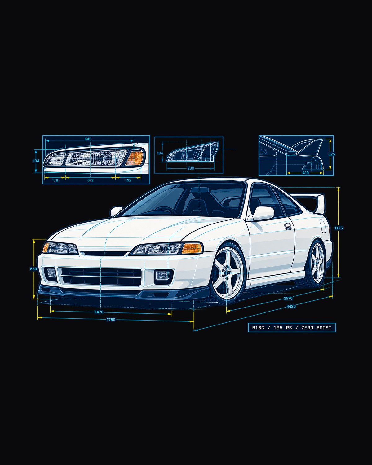 Honda Integra DC2 Headlight Blueprint Shirt, B18C Print design only
