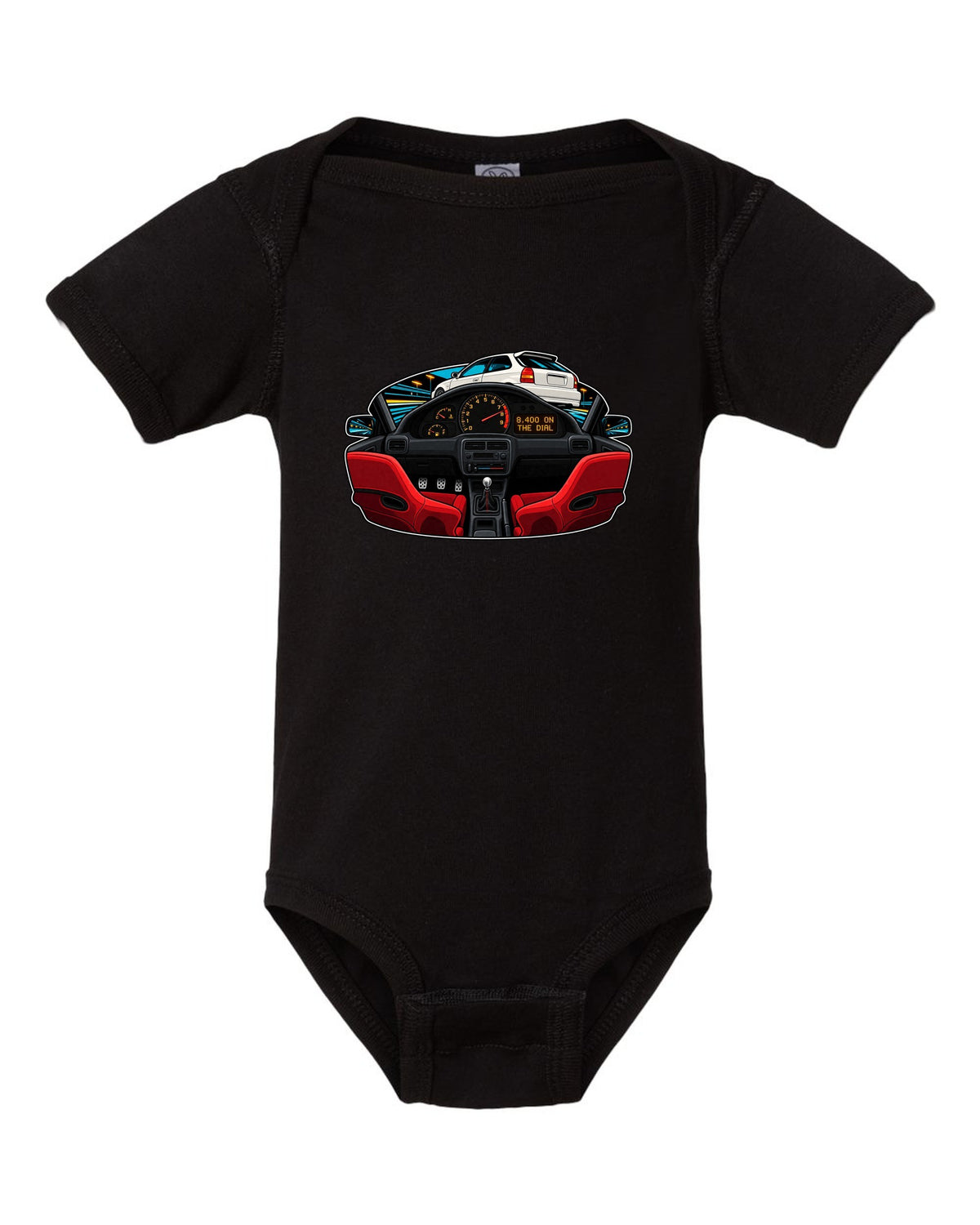 Gauge-cluster HUD print of a 1997 Honda Civic Type R EK9 with 8,400 on the dial text black baby onesie front view with the design