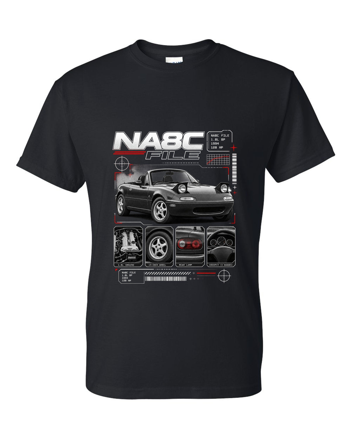 Dossier panel print of a Mazda MX-5 NA Eunos Roadster with NA8C spec lettering black t-shirt front view with the design