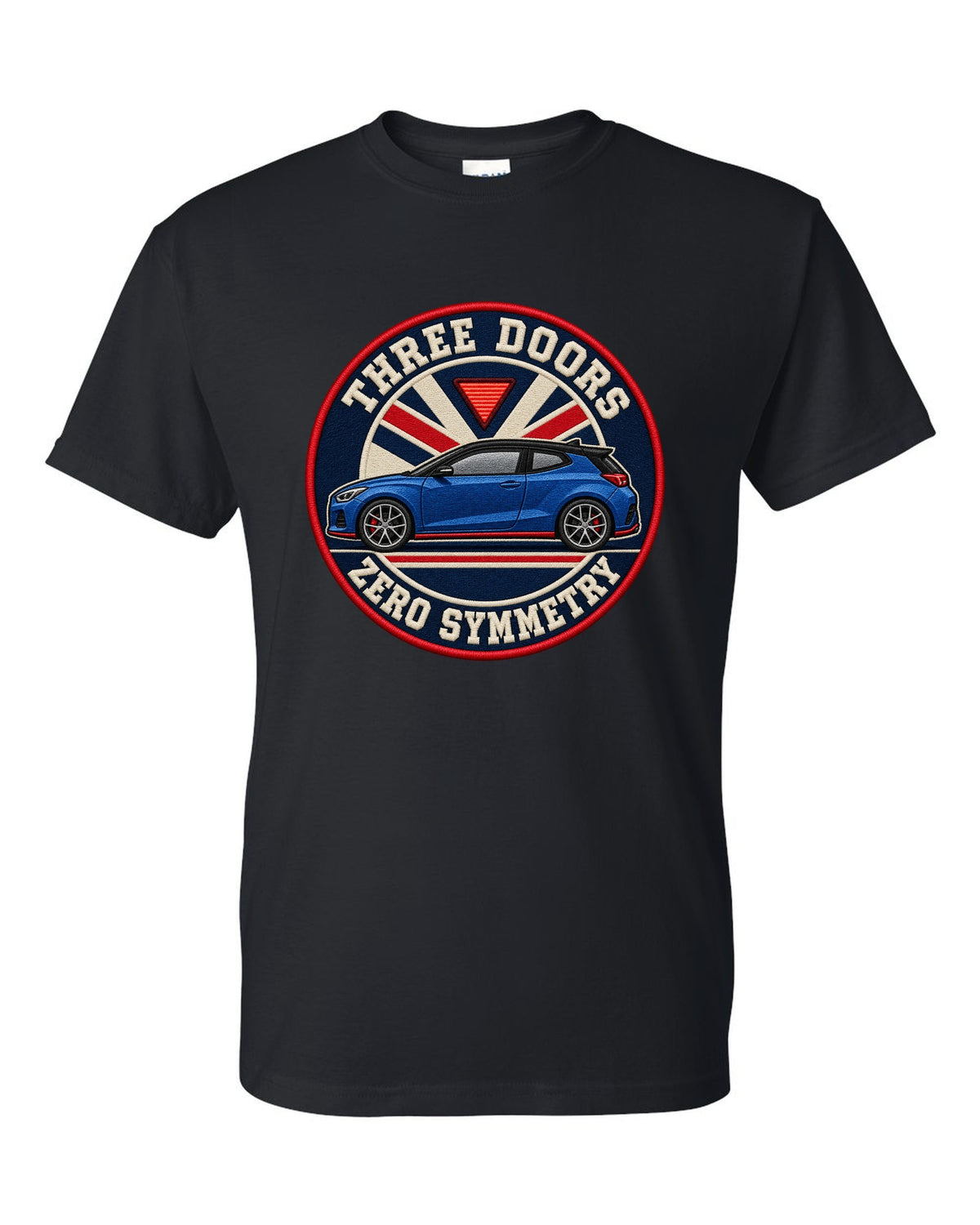 Embroidery varsity crest print for a Hyundai Veloster N JS with three doors zero symmetry text black t-shirt front view with the design