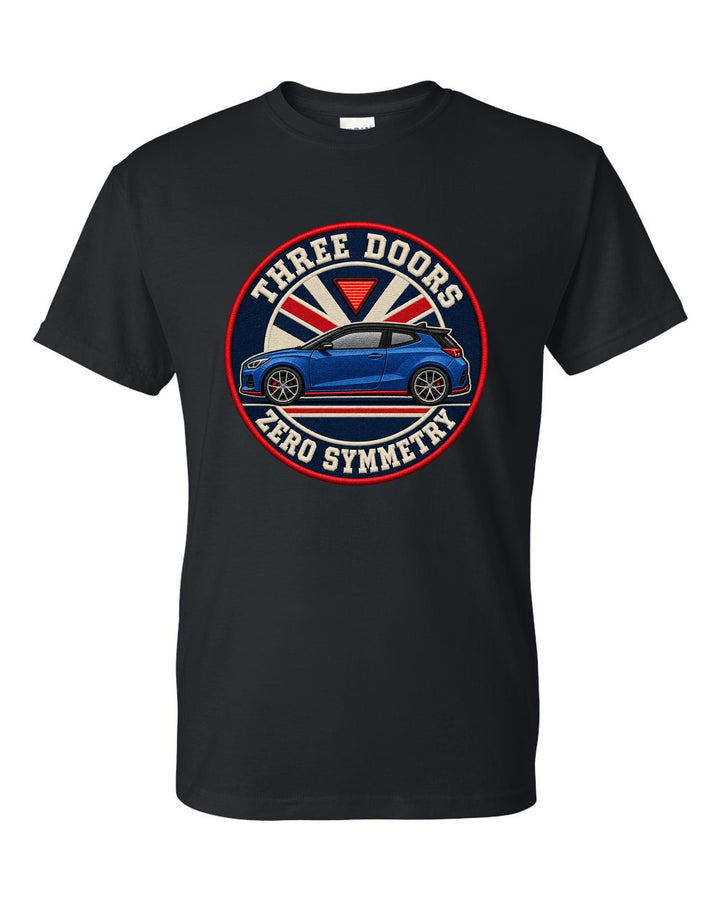 Embroidery varsity crest print for a Hyundai Veloster N JS with three doors zero symmetry text black t-shirt front view with the design